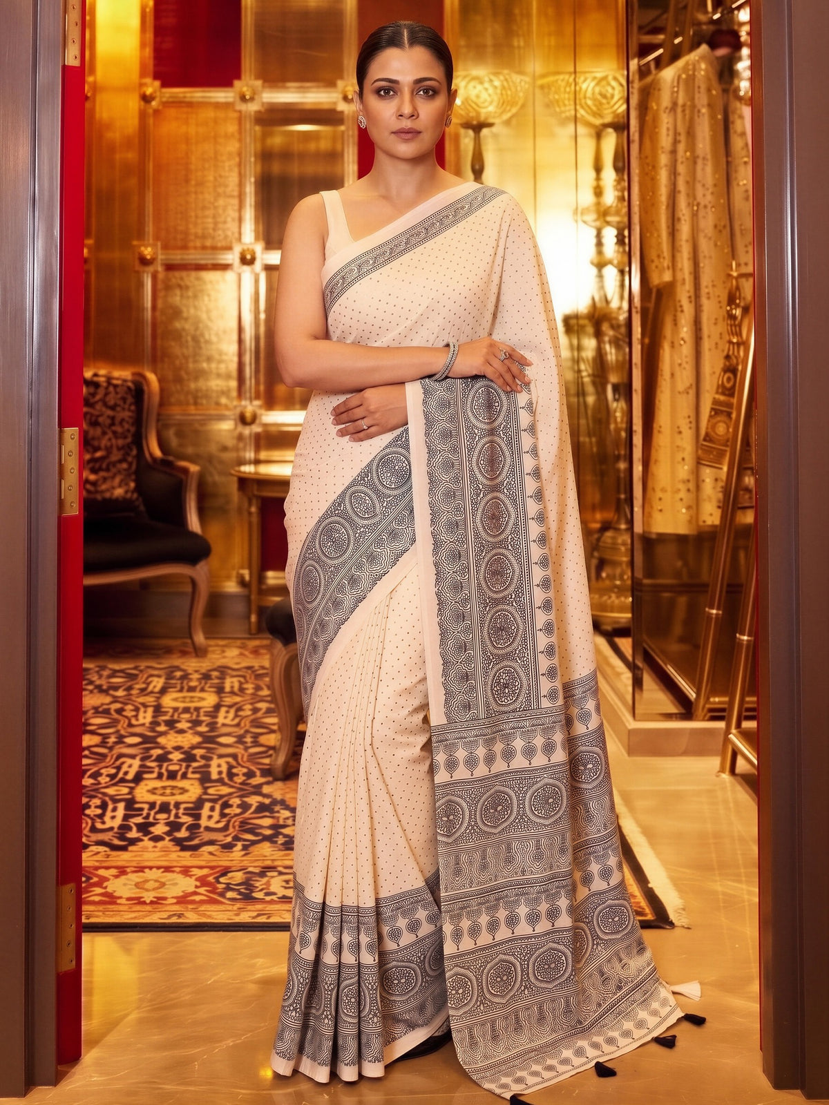 Cream satin saree view 3