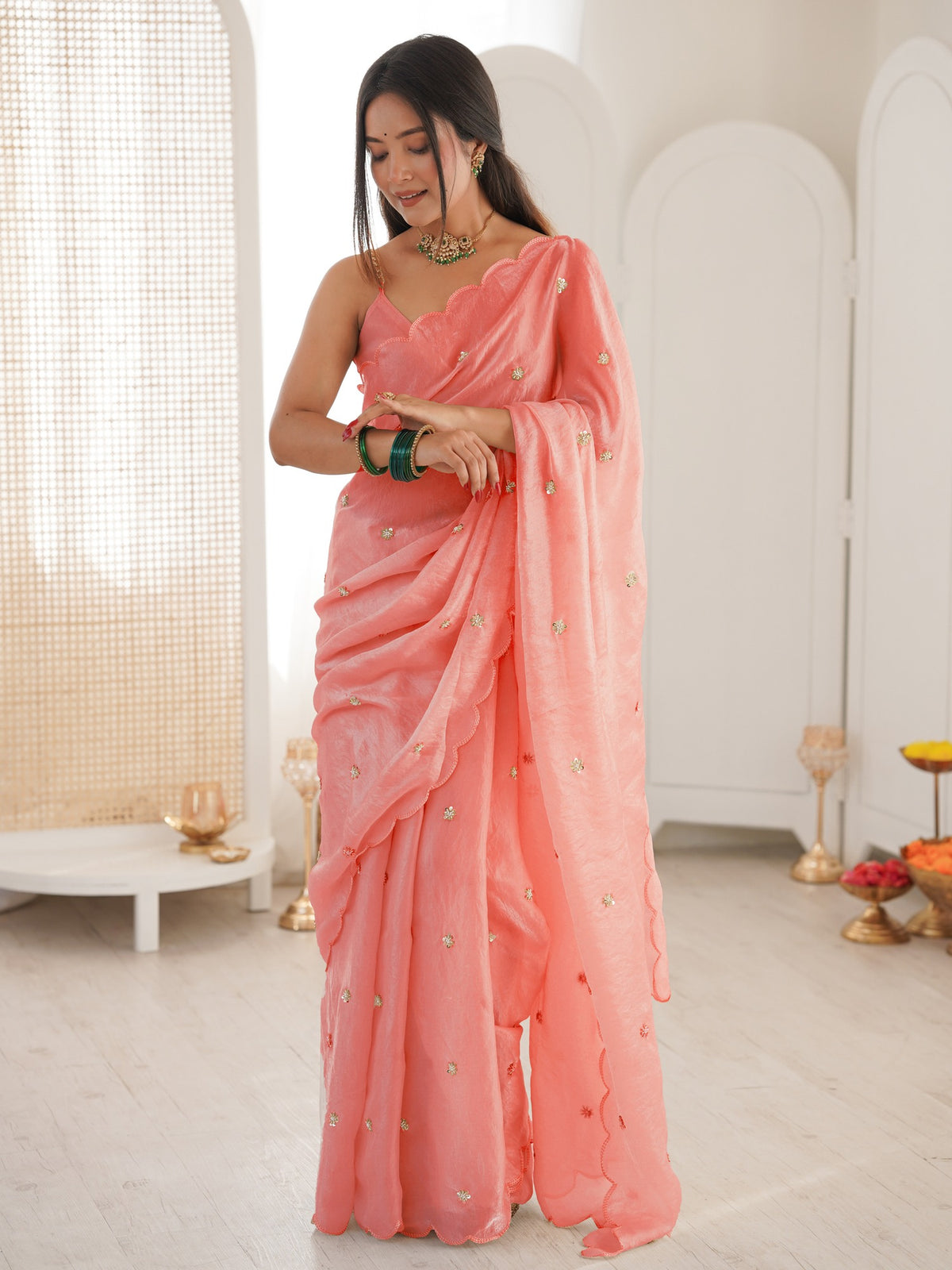 Peach satin saree view 1
