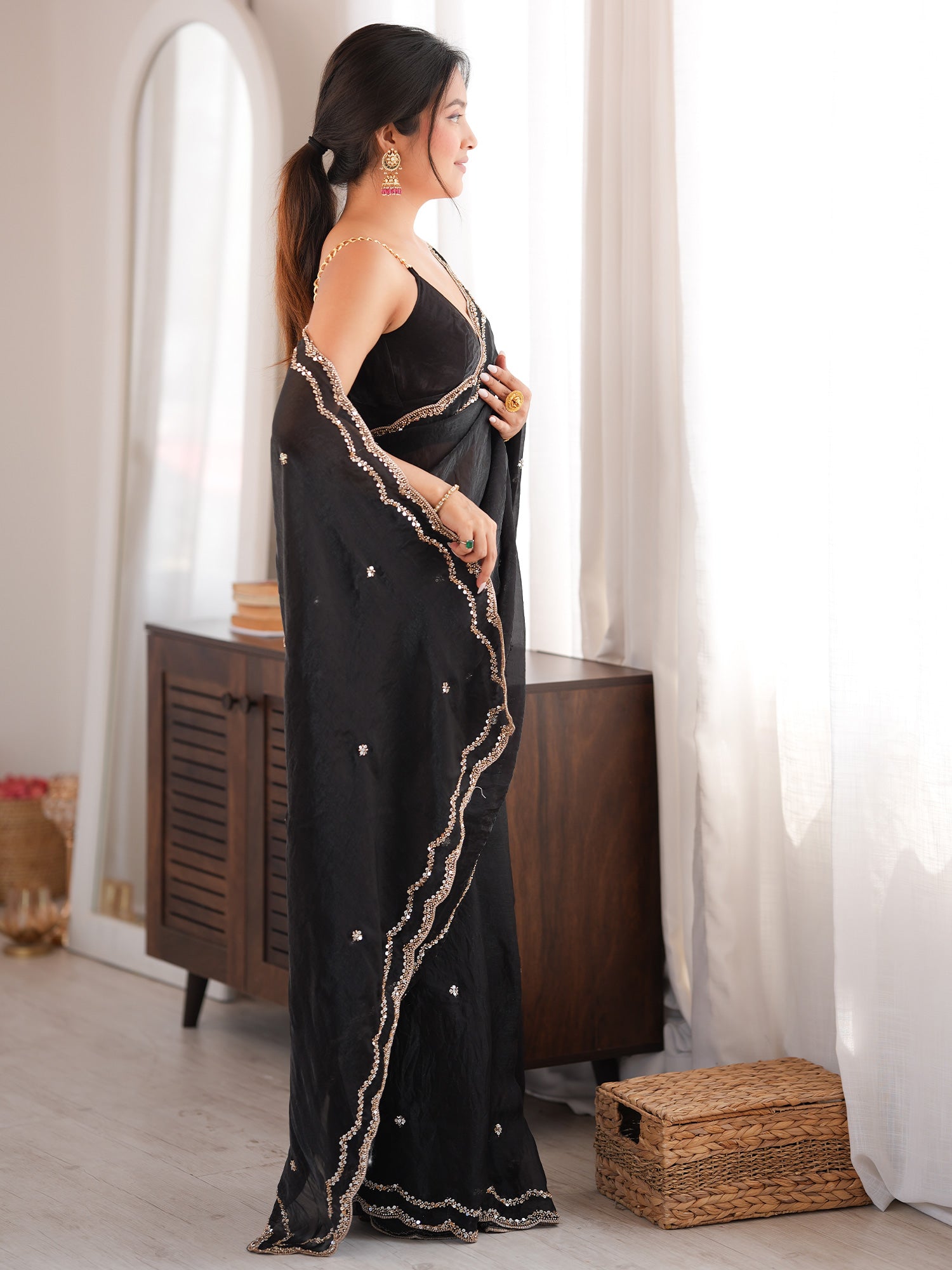 Black Satin Silk saree – detail view 2