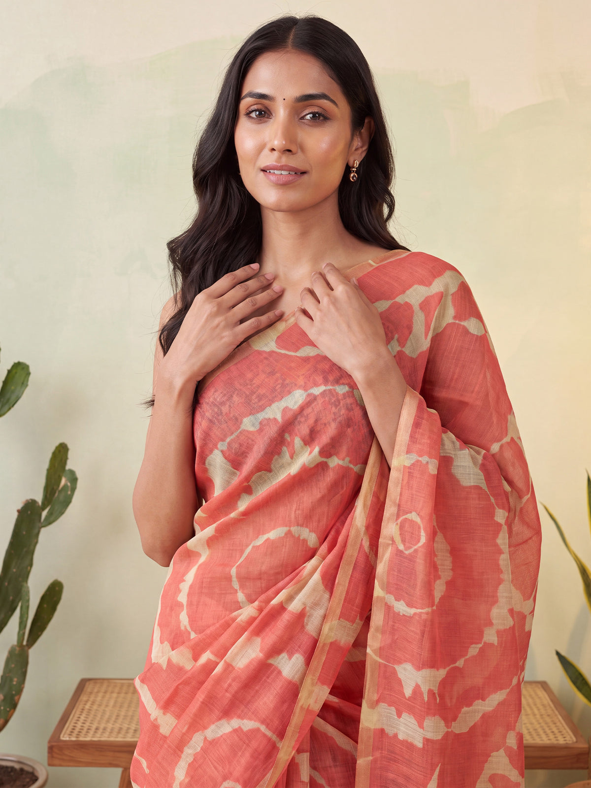 Rust Cotton Linen saree – detail view 4
