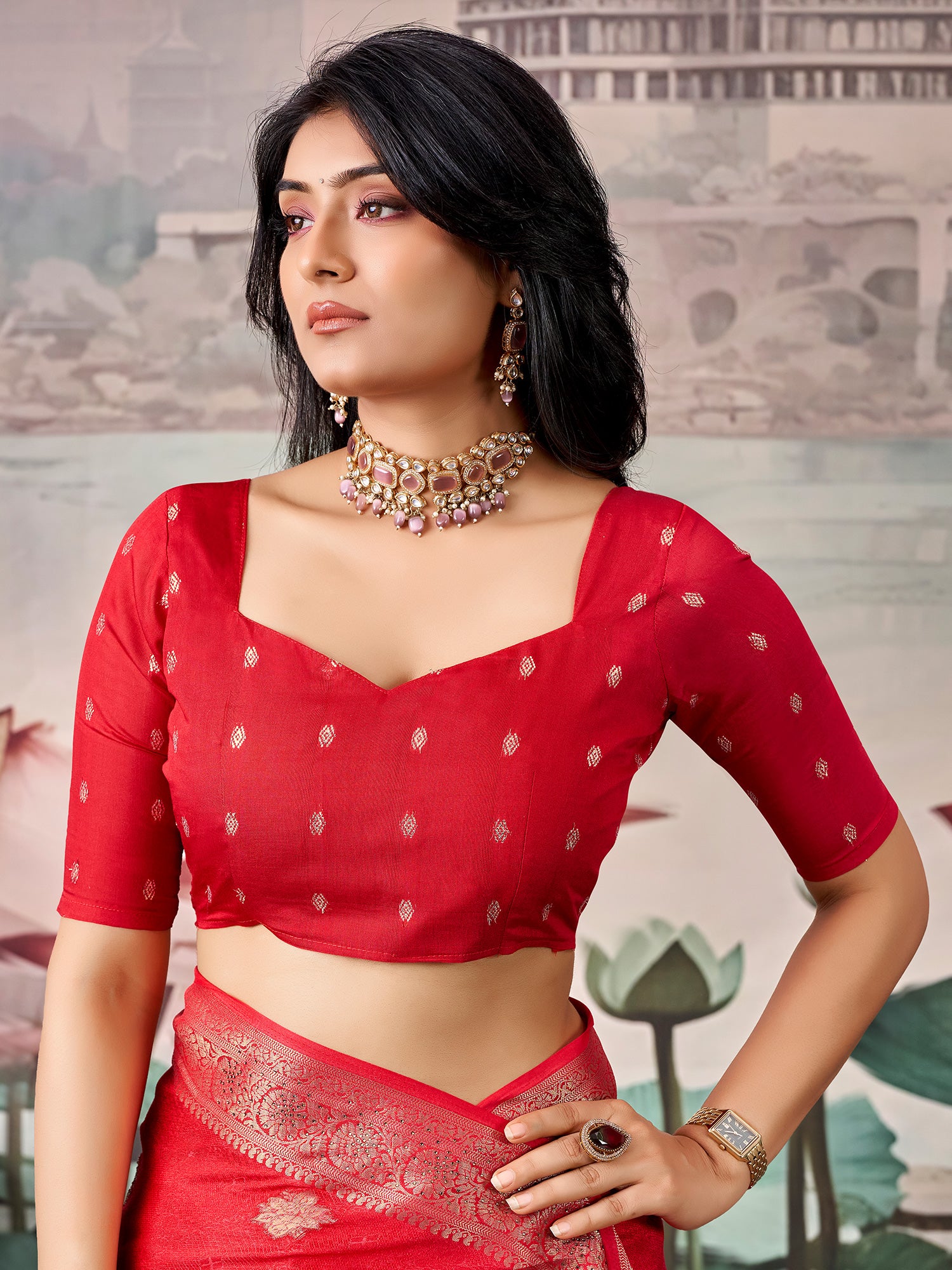 Unstitched red georgette blouse piece with zari butta design