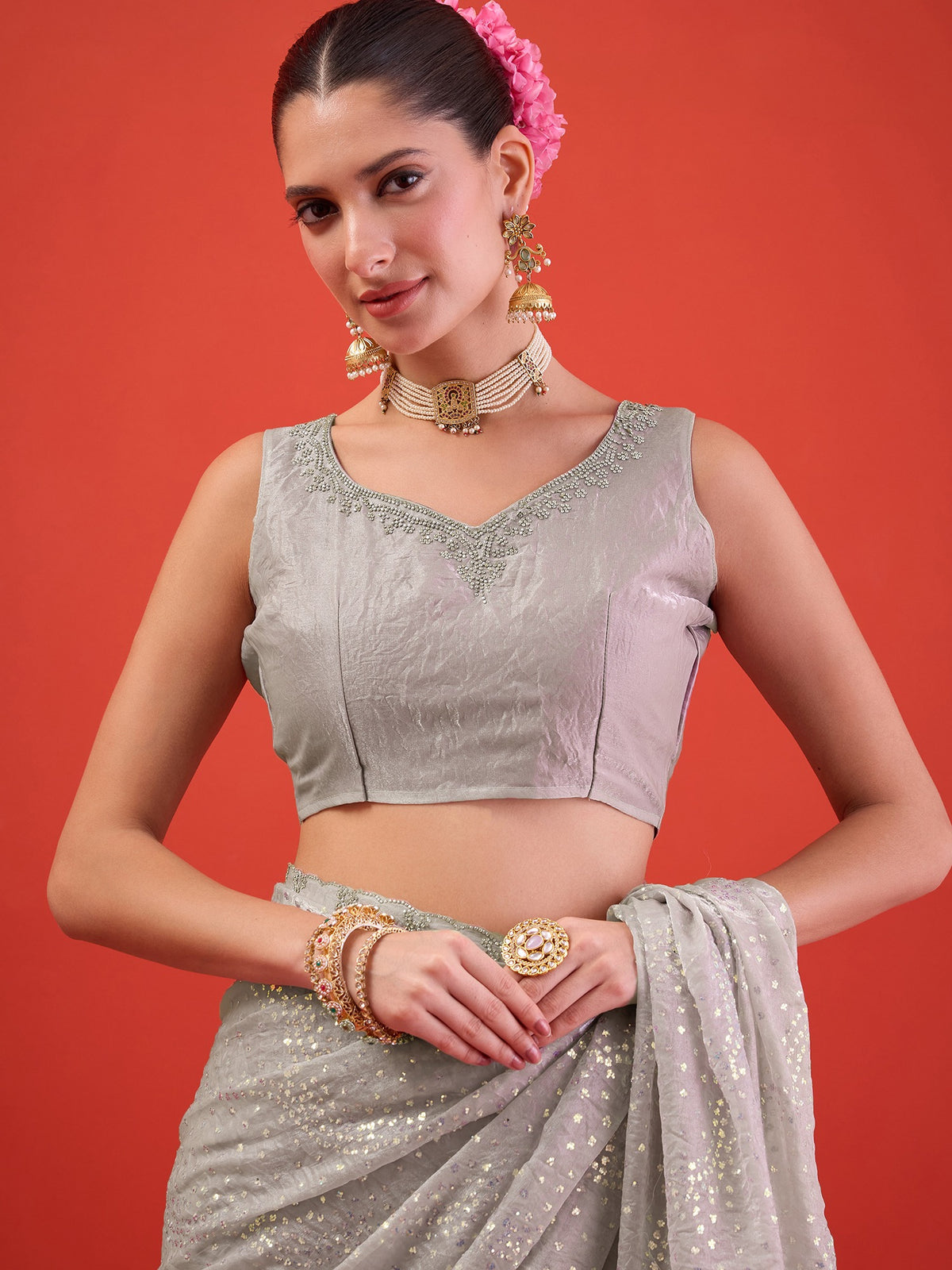 Grey Satin saree – detail view 4