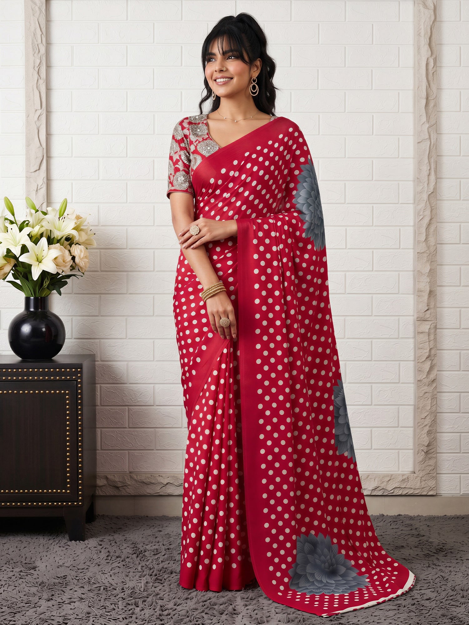 Woman wearing maroon satin saree with polka dot pattern and maroon blouse