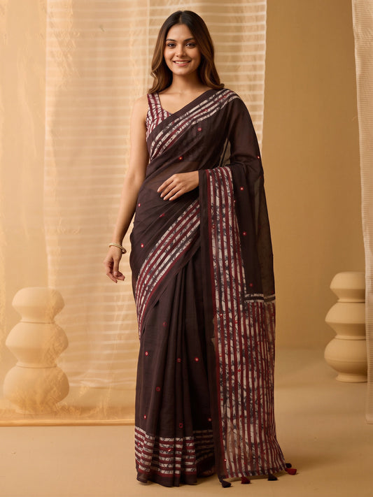 Dark Brown batik linen saree with maroon blouse piece