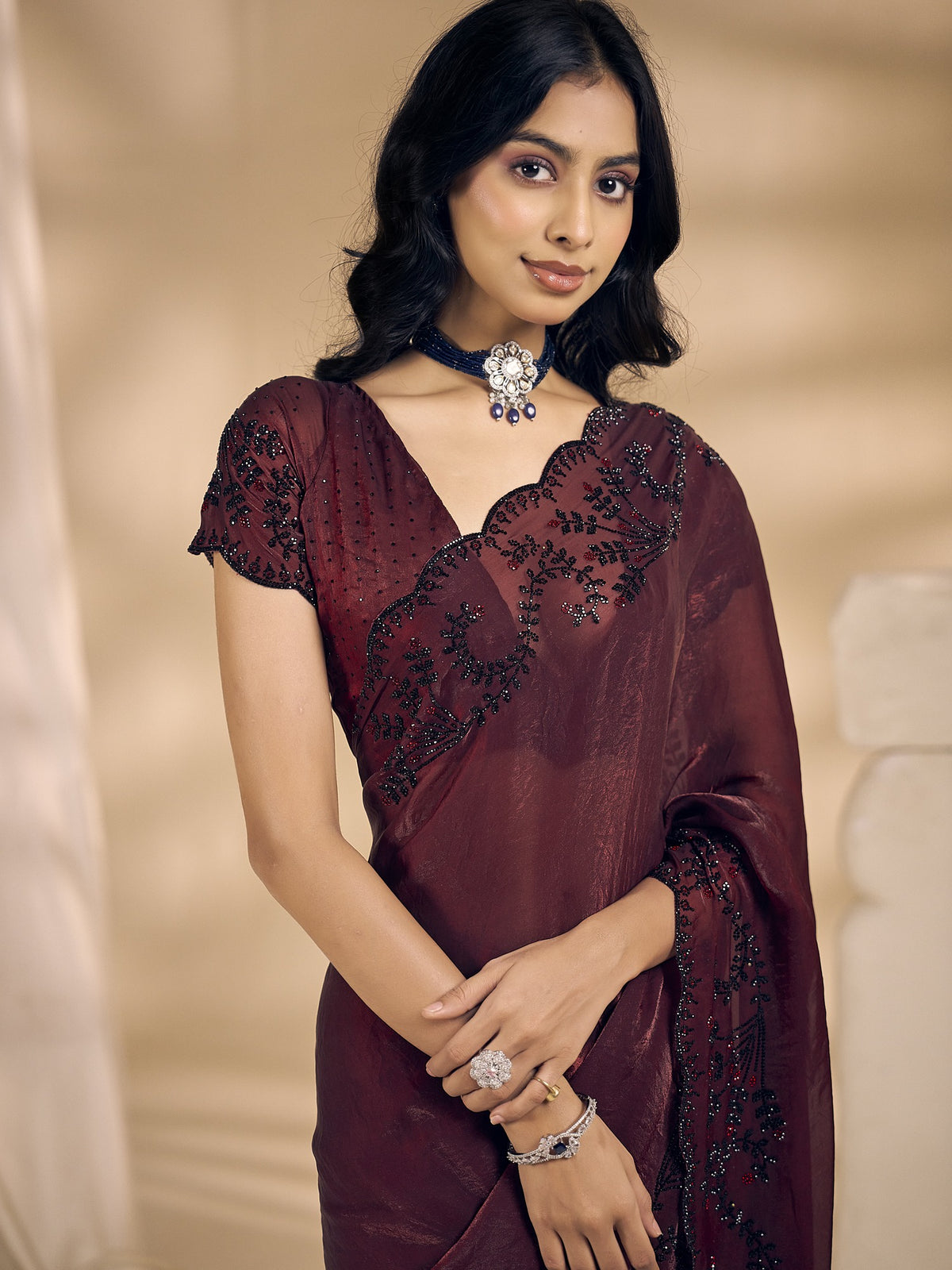 Maroon satin silk saree view 4