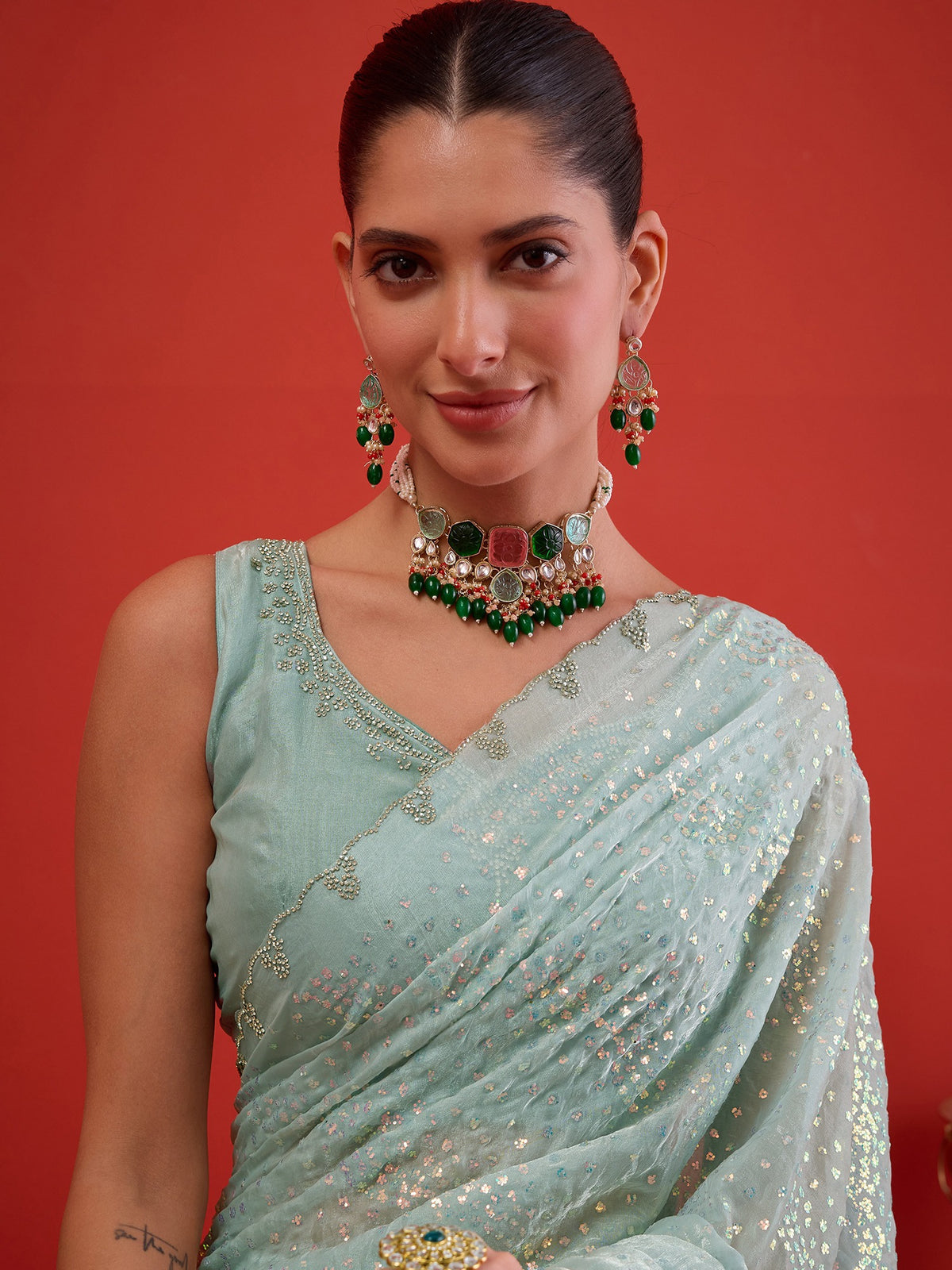 Light Blue Satin saree – detail view 3