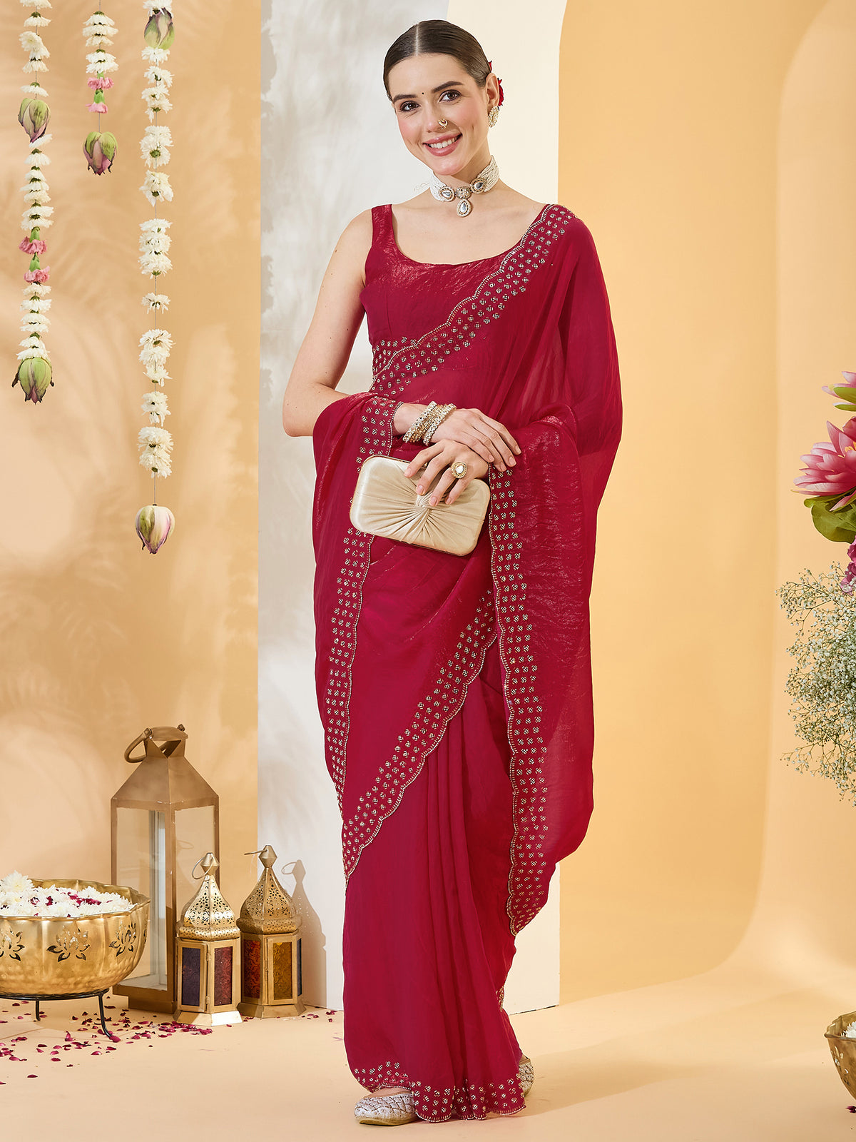 Red Satin saree – detail view 3