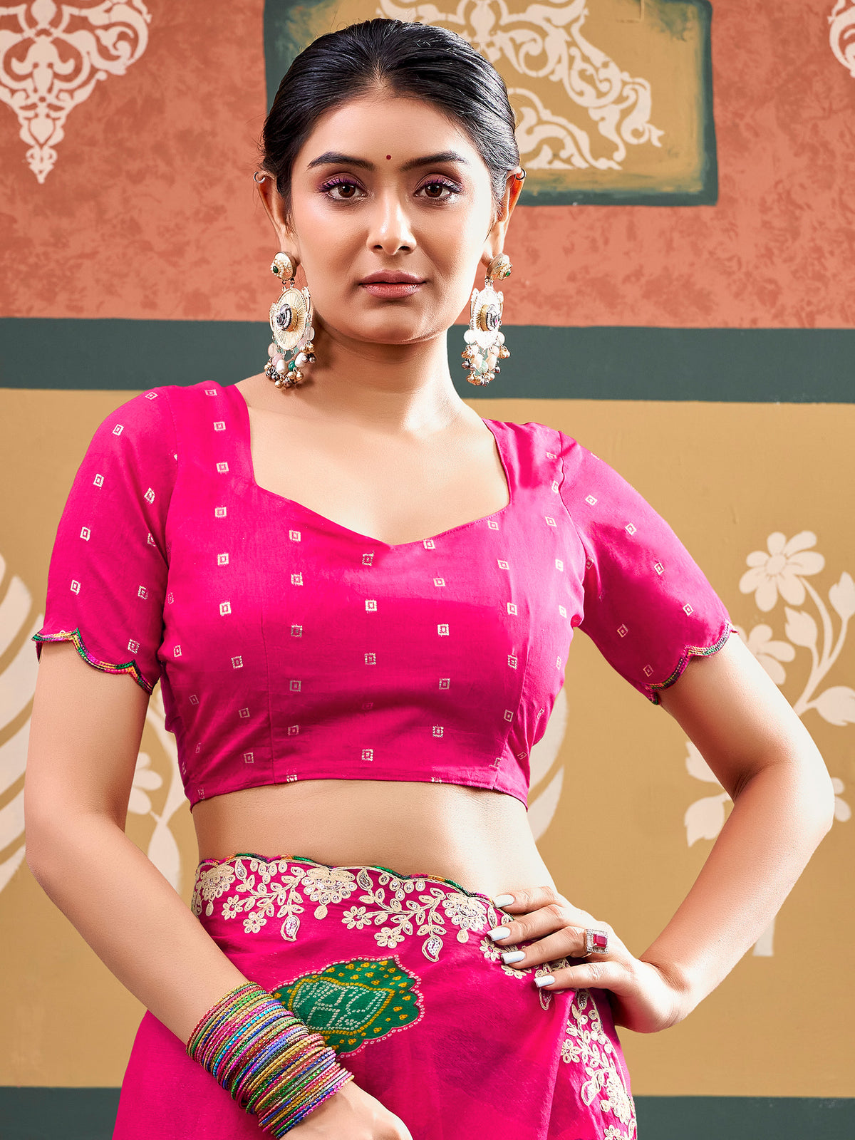 Unstitched pink chiffon blouse piece with zari butta design