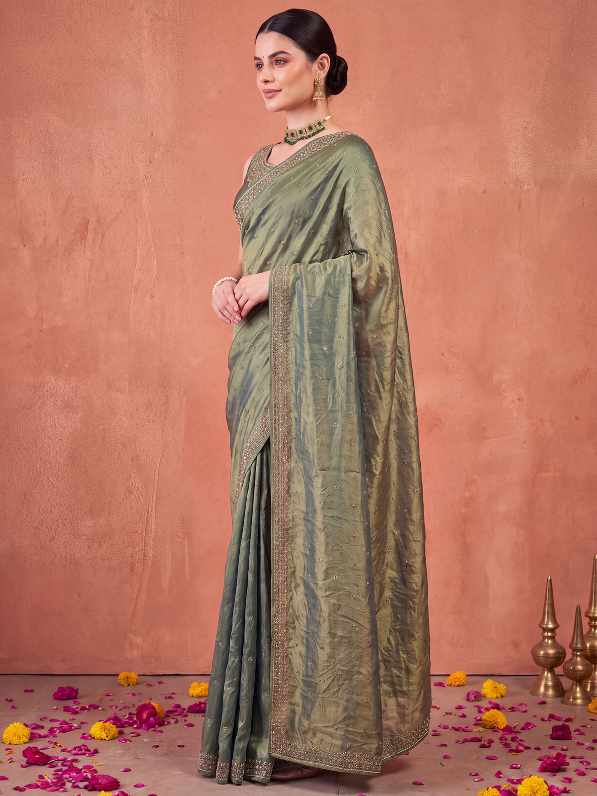 Olive Satin Silk saree – detail view 2