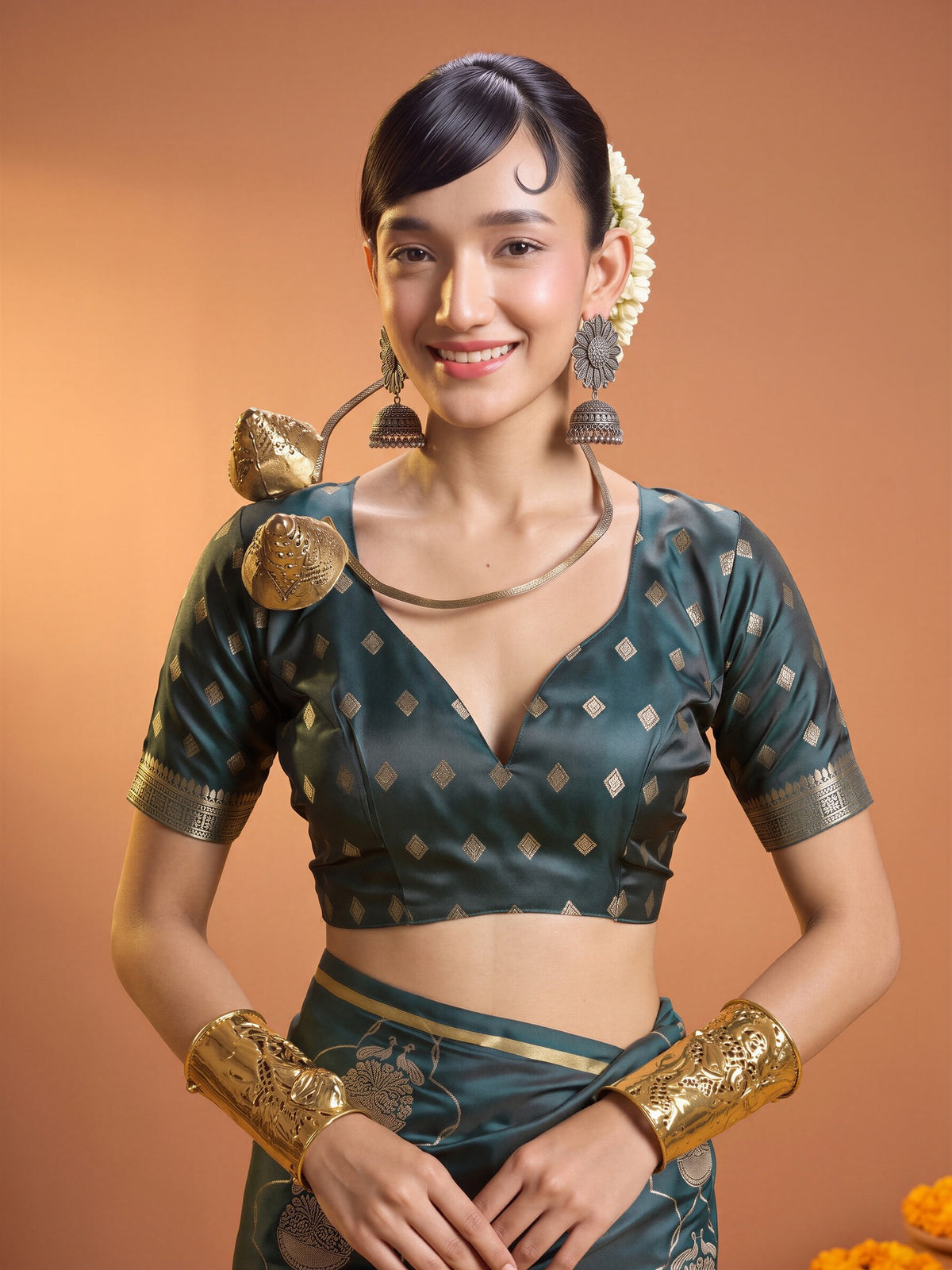 Unstitched green satin blouse piece with woven design design