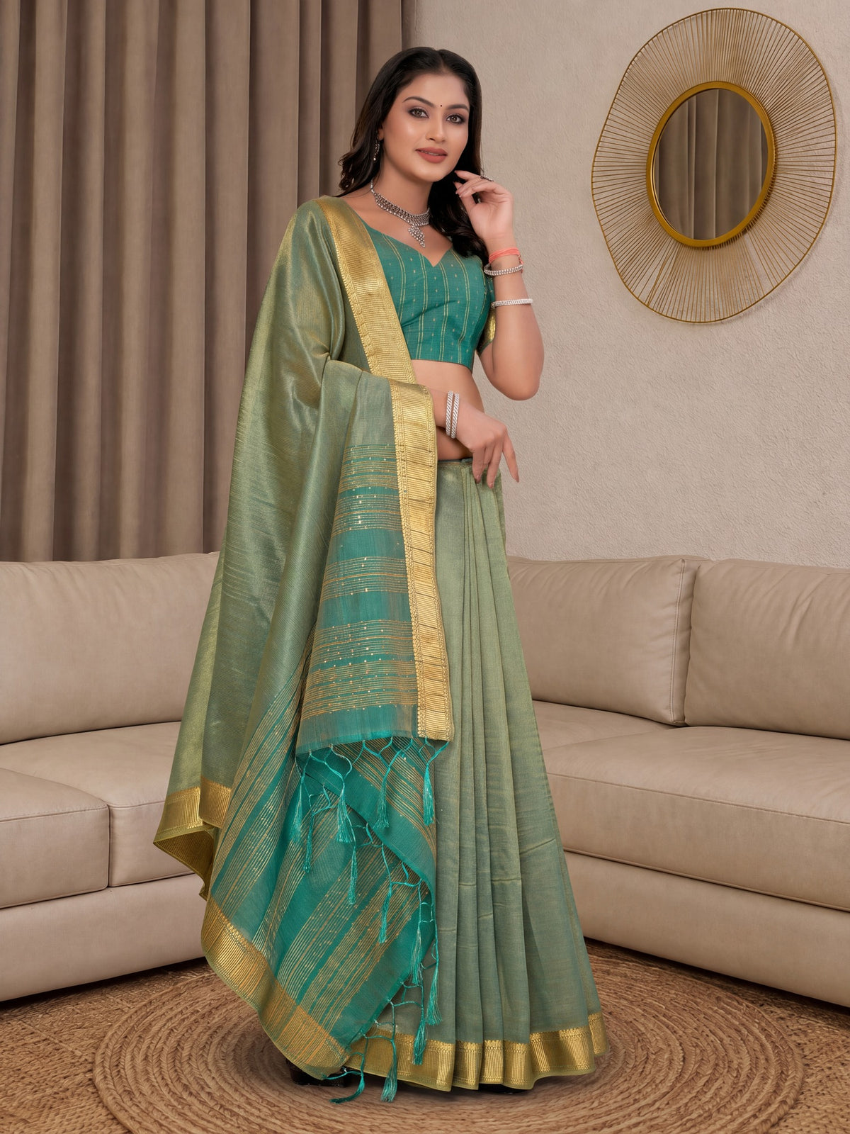 Sea Green Cotton Silk saree – detail view 1