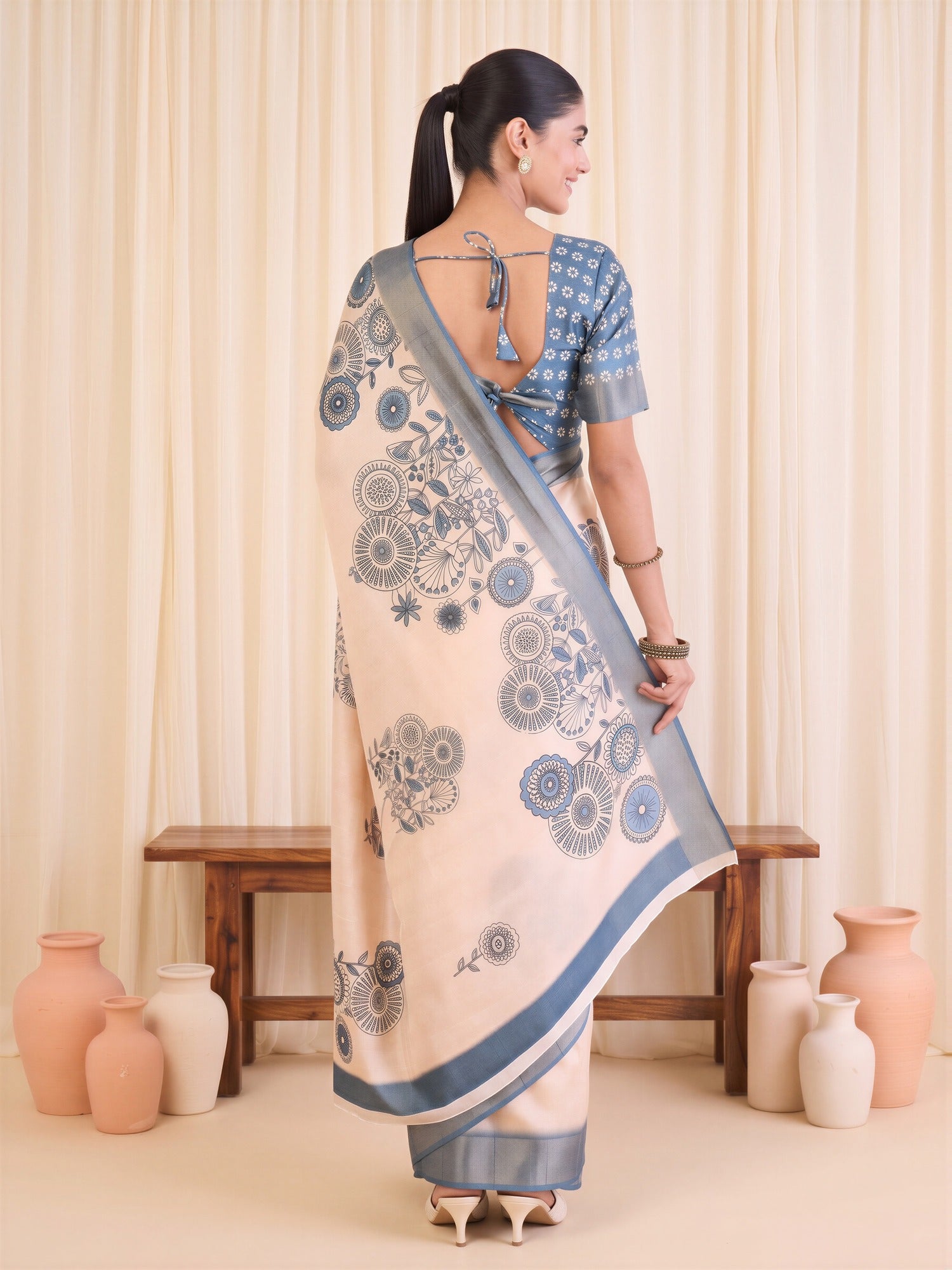 White Satin Silk saree – detail view 1