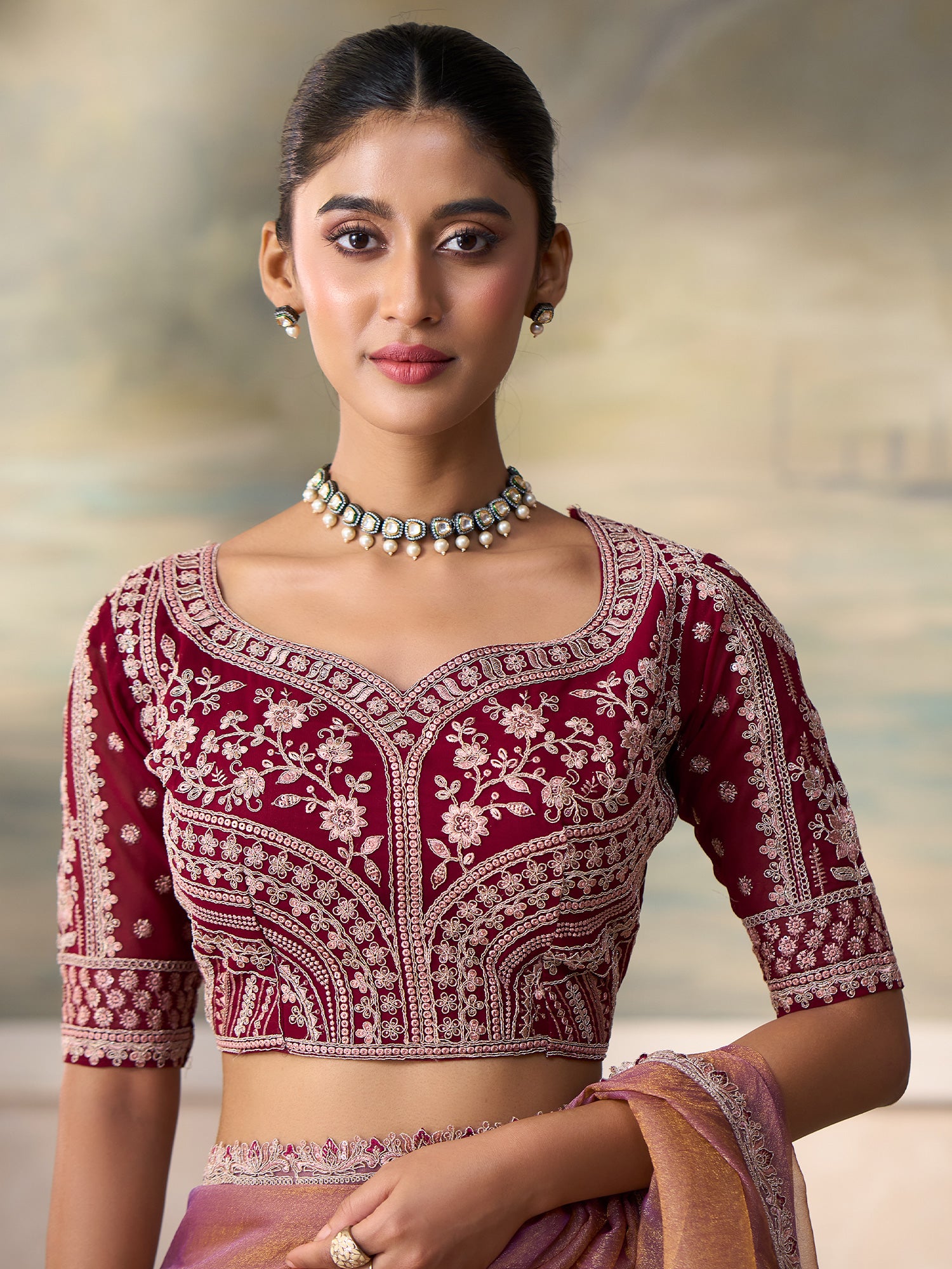 Unstitched wine tussar silk blouse piece with embellished design