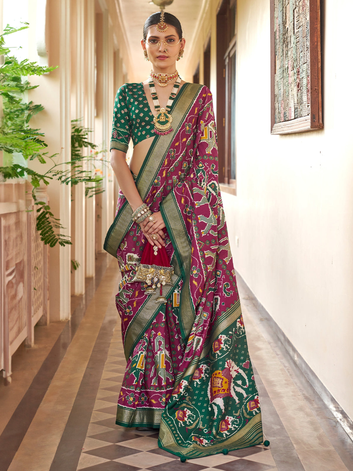 Purple ikat silk blend saree with green blouse piece