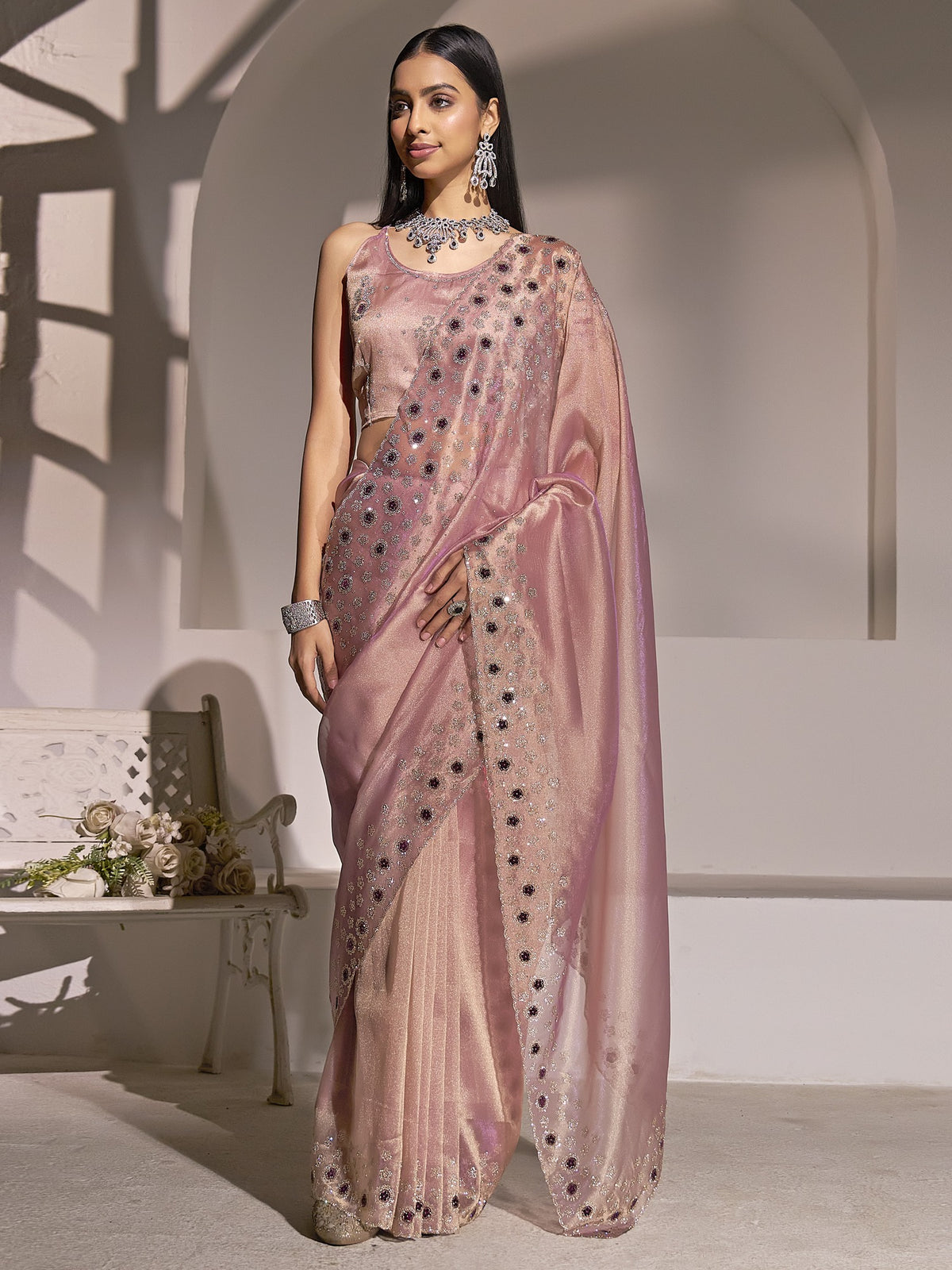 Mauve applique organza saree with mauve blouse piece