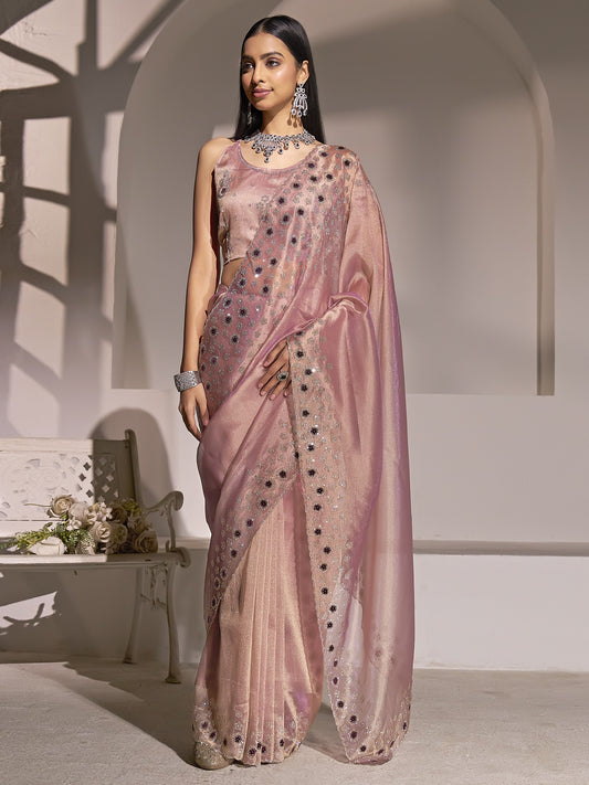 Mauve applique organza saree with mauve blouse piece
