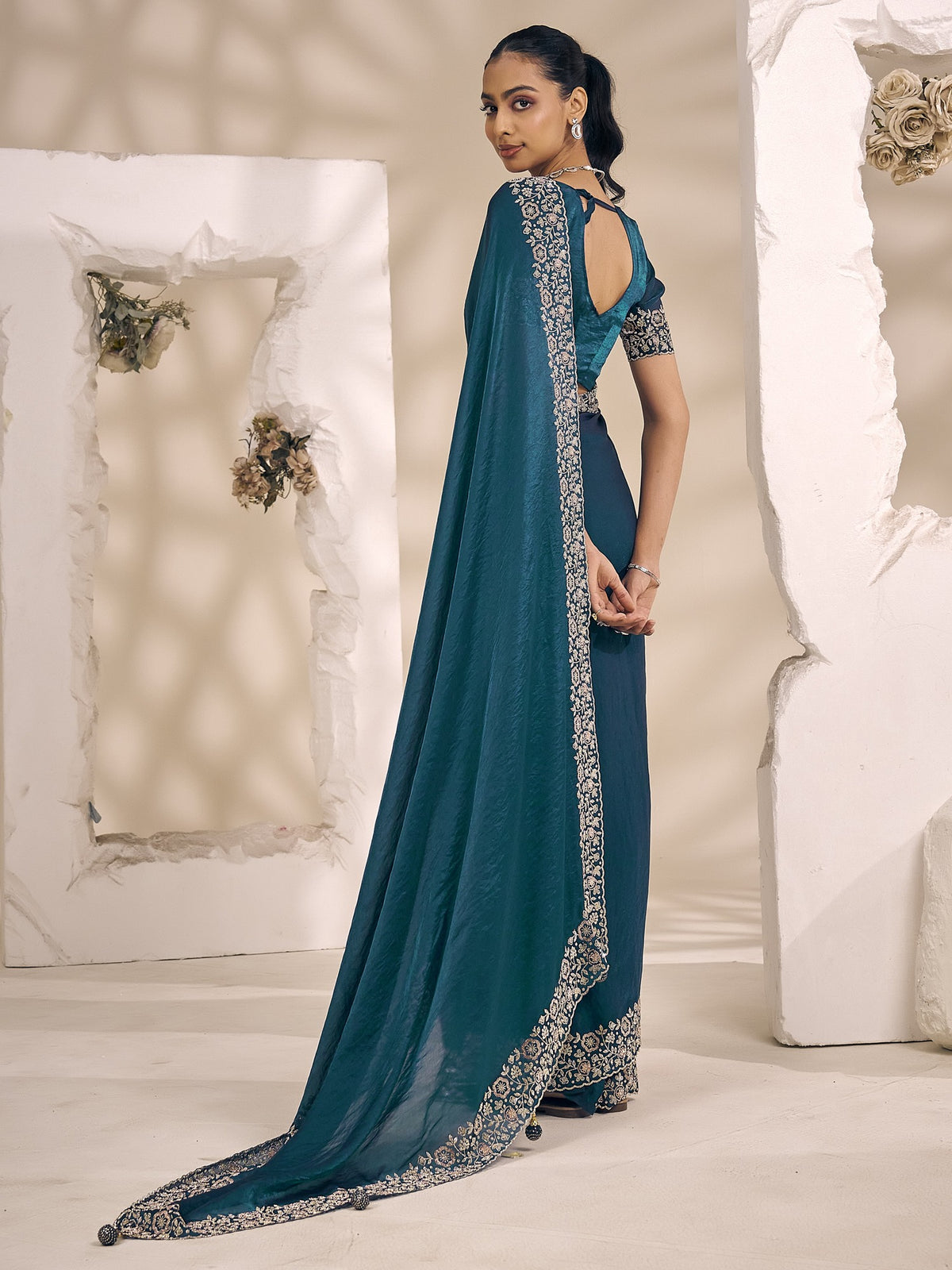 Teal satin silk saree view 2
