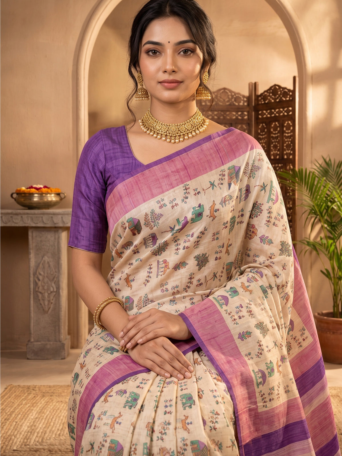 Beige soft silk saree view 3