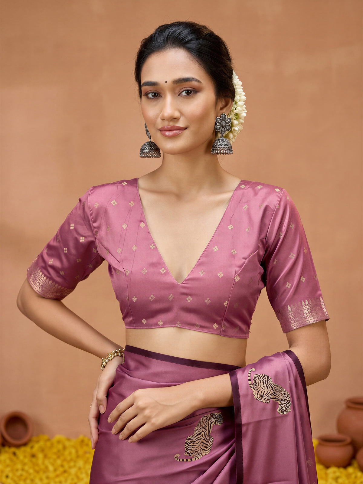 Unstitched mauve satin silk blouse piece with paisley design