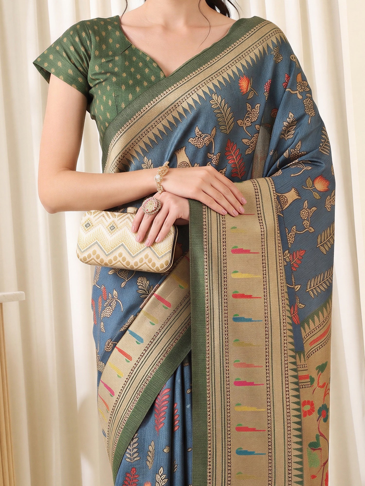 Teal Blue Cotton Blend saree – detail view 4