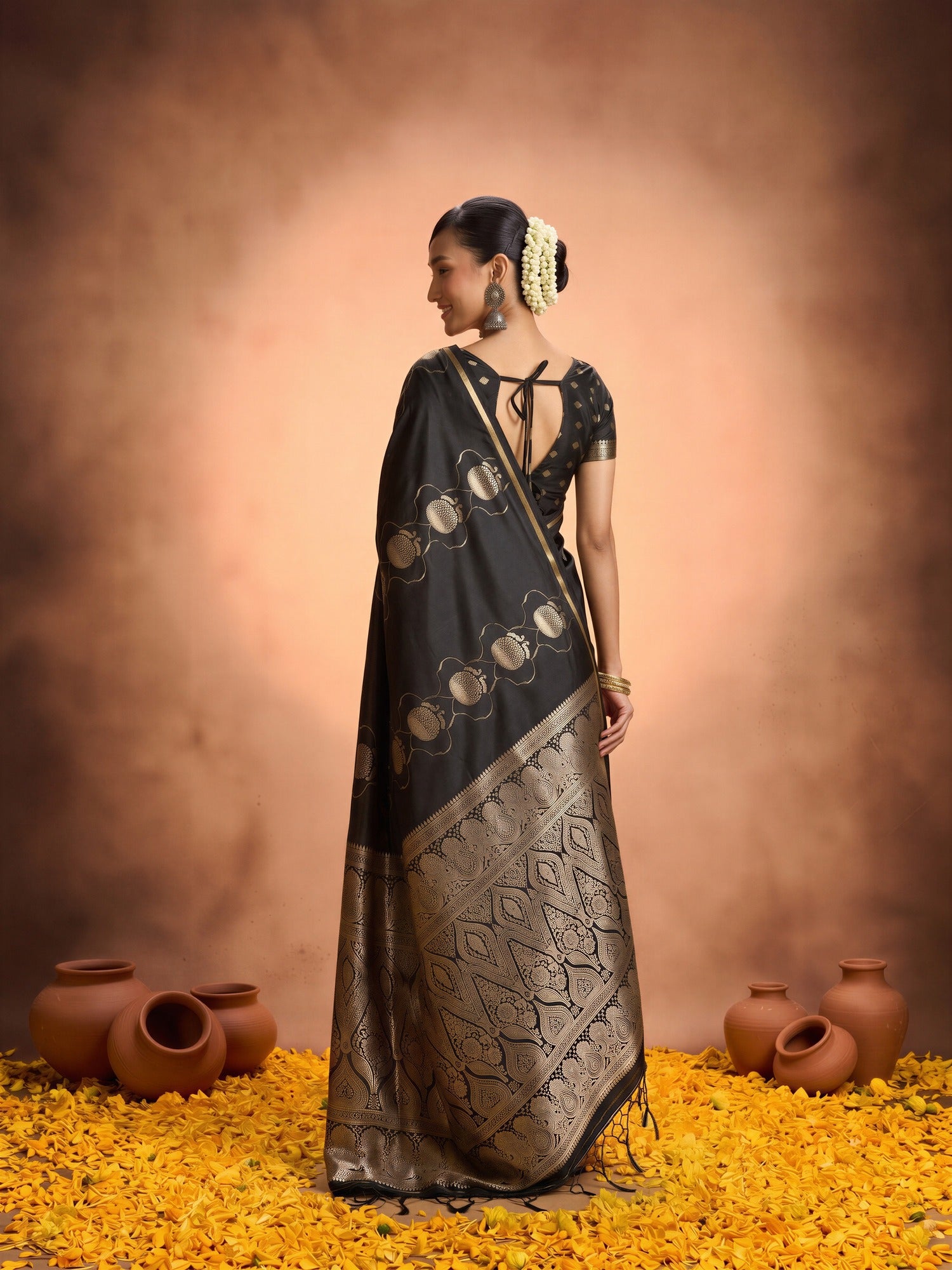 Black Satin saree – detail view 1
