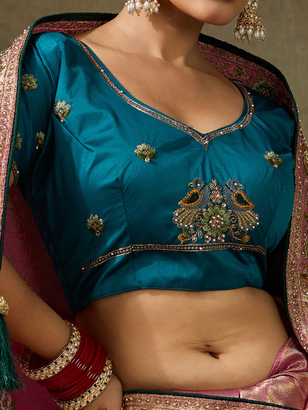 Unstitched teal blue  blouse piece with embellished design