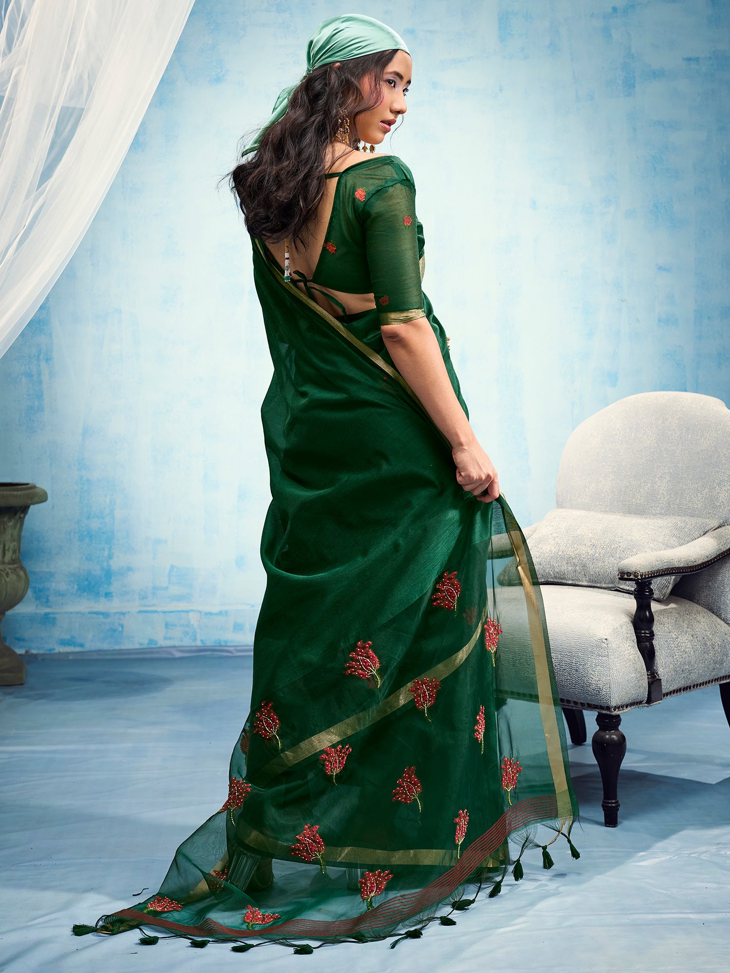 Green Muga Cotton saree – detail view 1