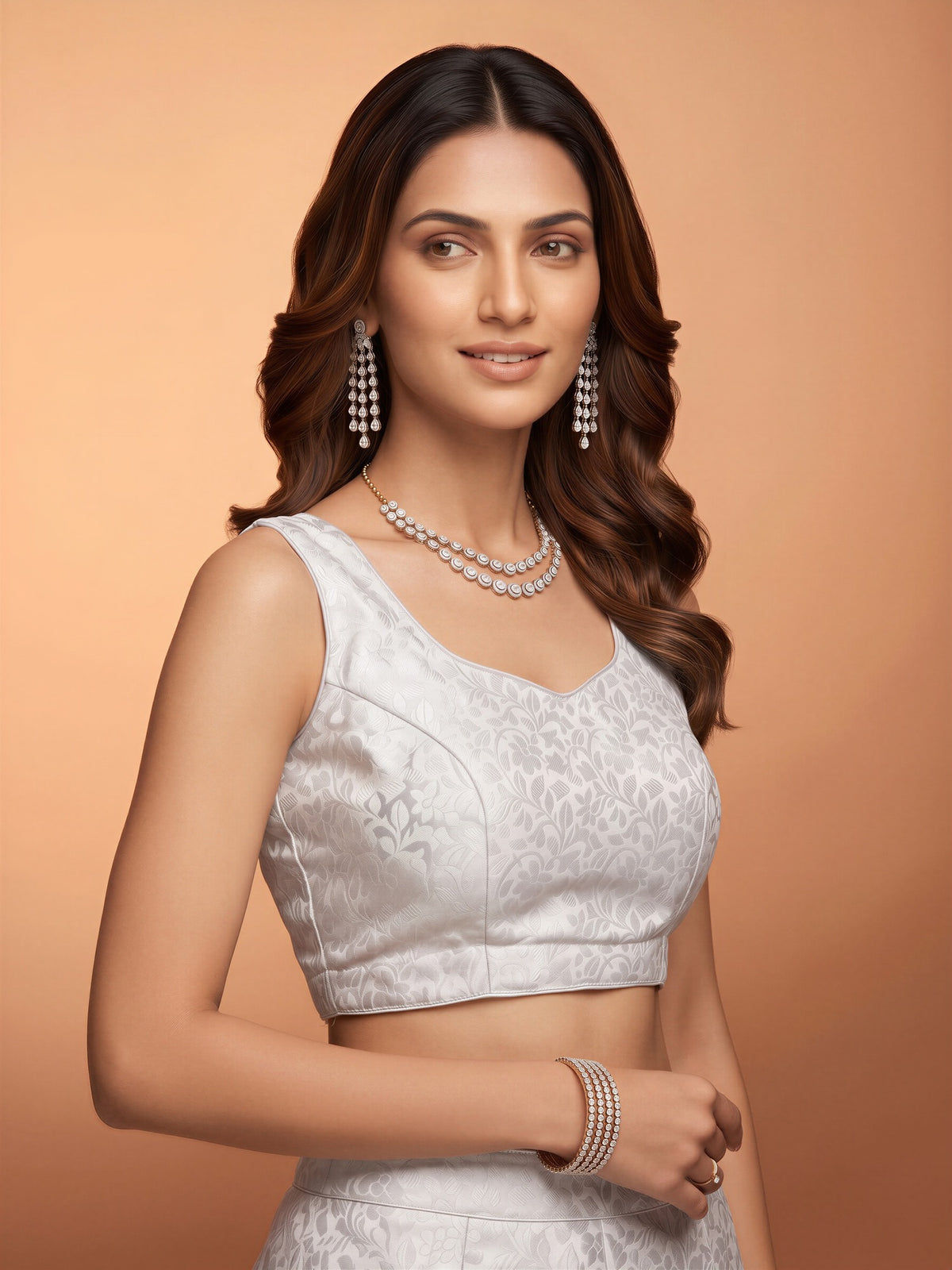 White woven brocade silk blend sleeveless readymade saree blouse with sweetheart neck view 2