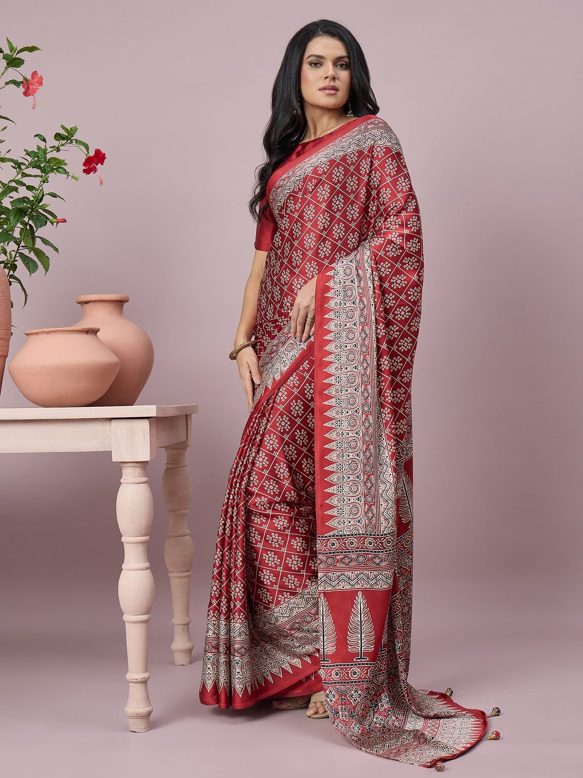 Maroon satin saree view 4