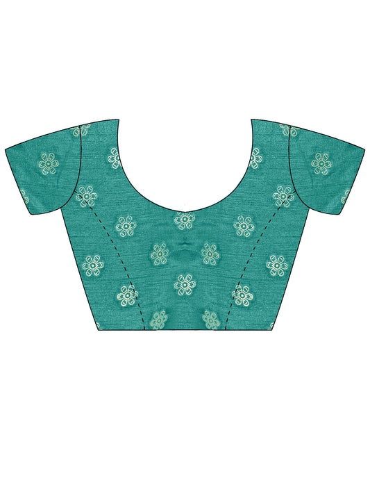 Unstitched aqua blue cotton blend blouse piece with foil design