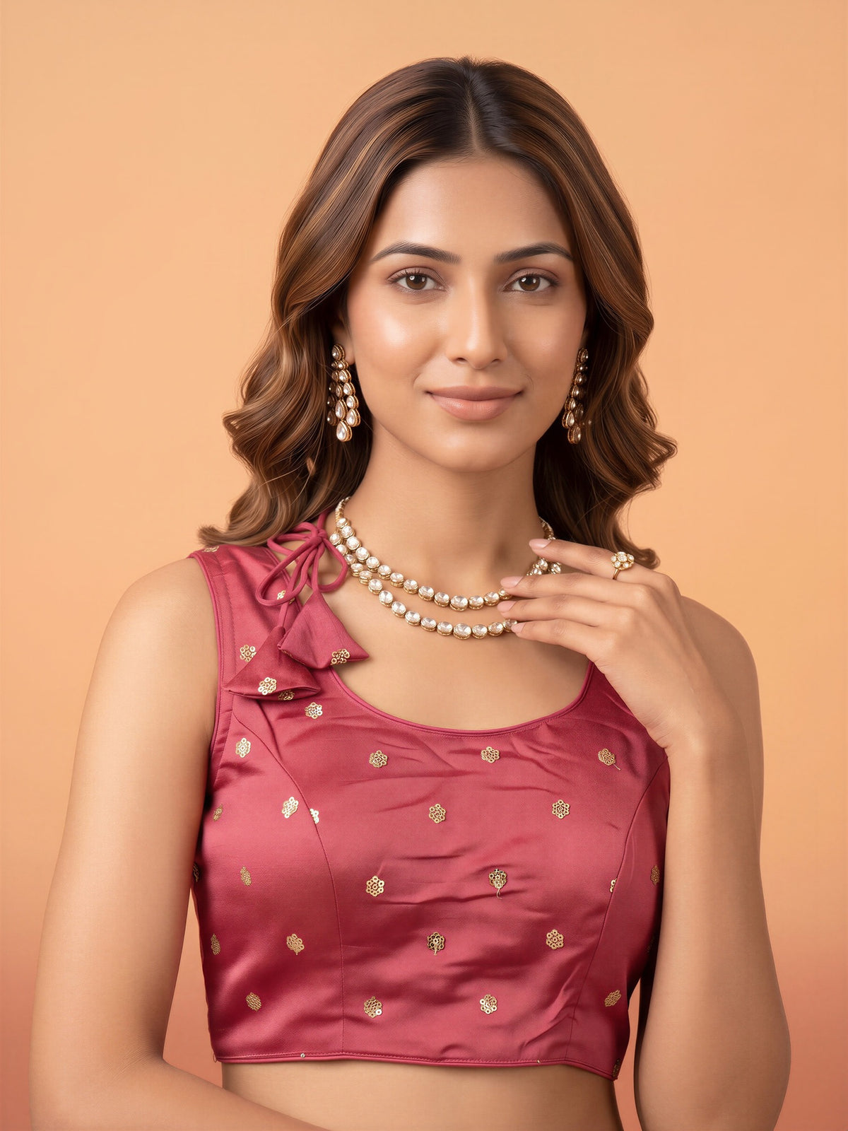 Pink sequin embellished chinnon sleeveless readymade saree blouse with round neck view 3