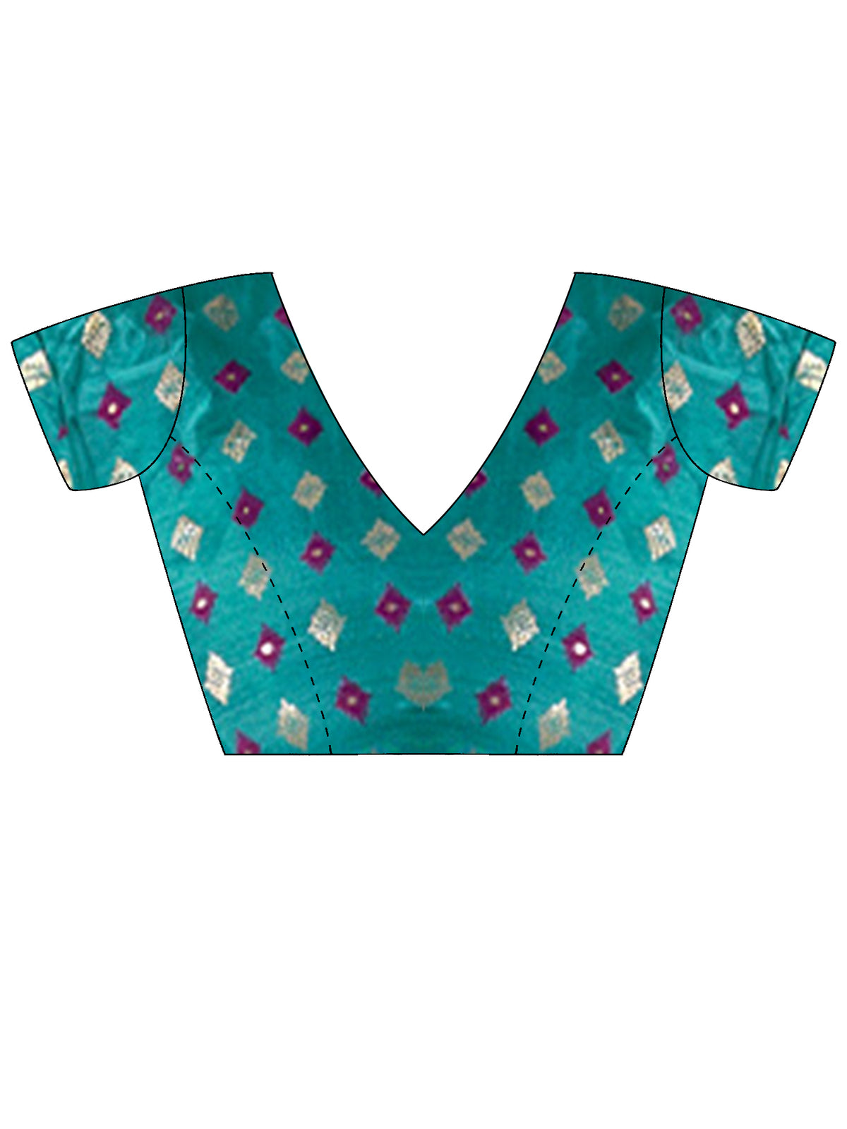 Unstitched turquoise blue silk blend blouse piece with ethnic motif design