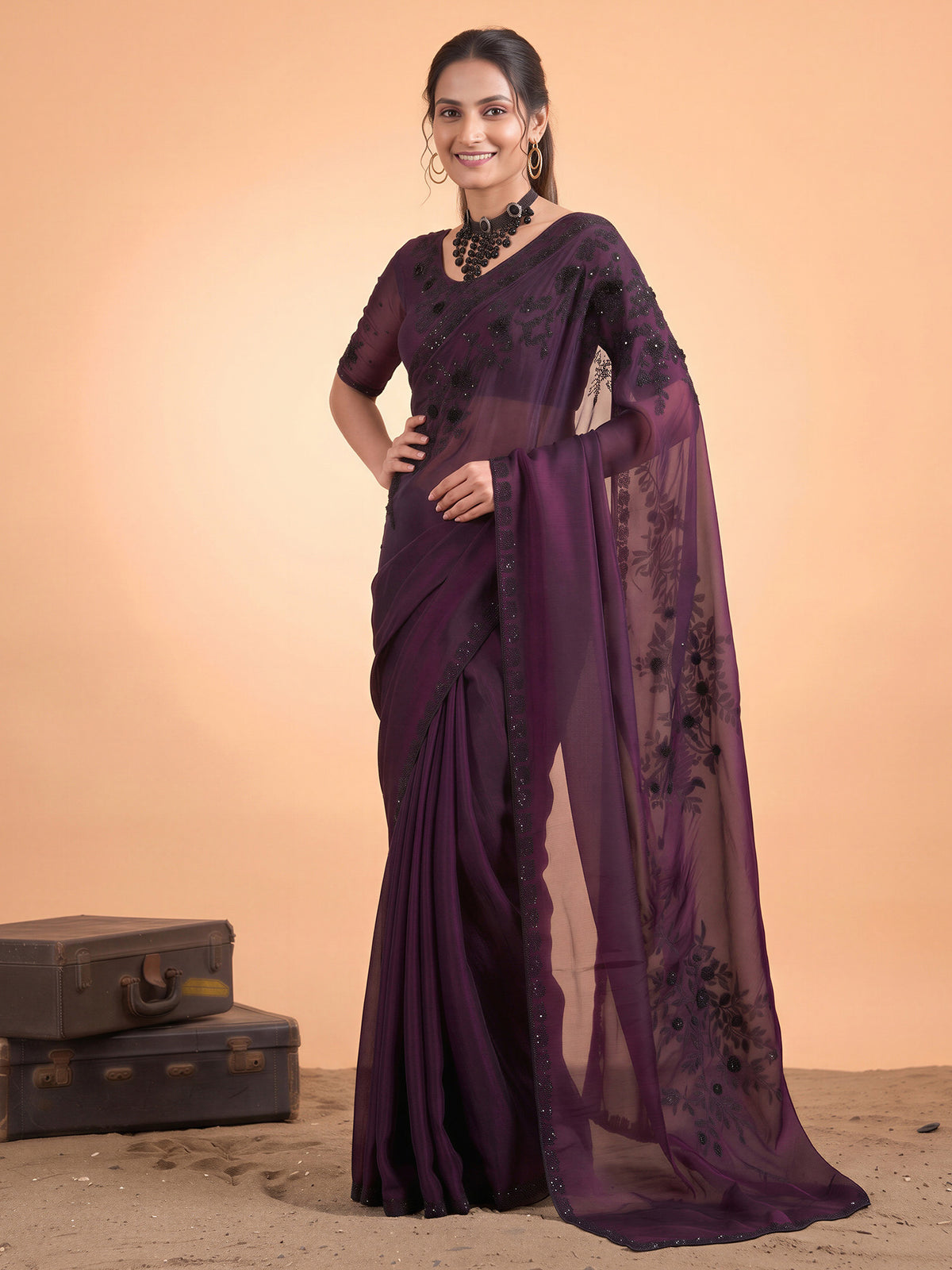 Wine Satin Silk saree – detail view 2
