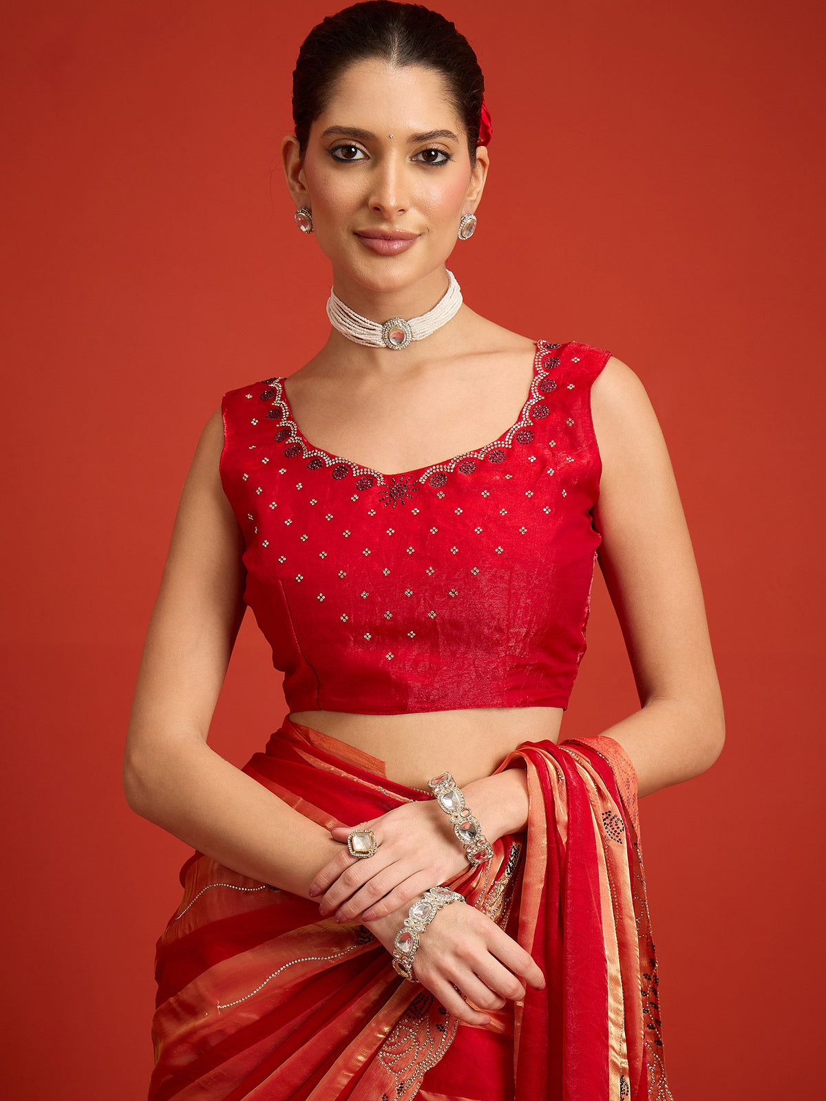 Red Satin Silk saree – detail view 5