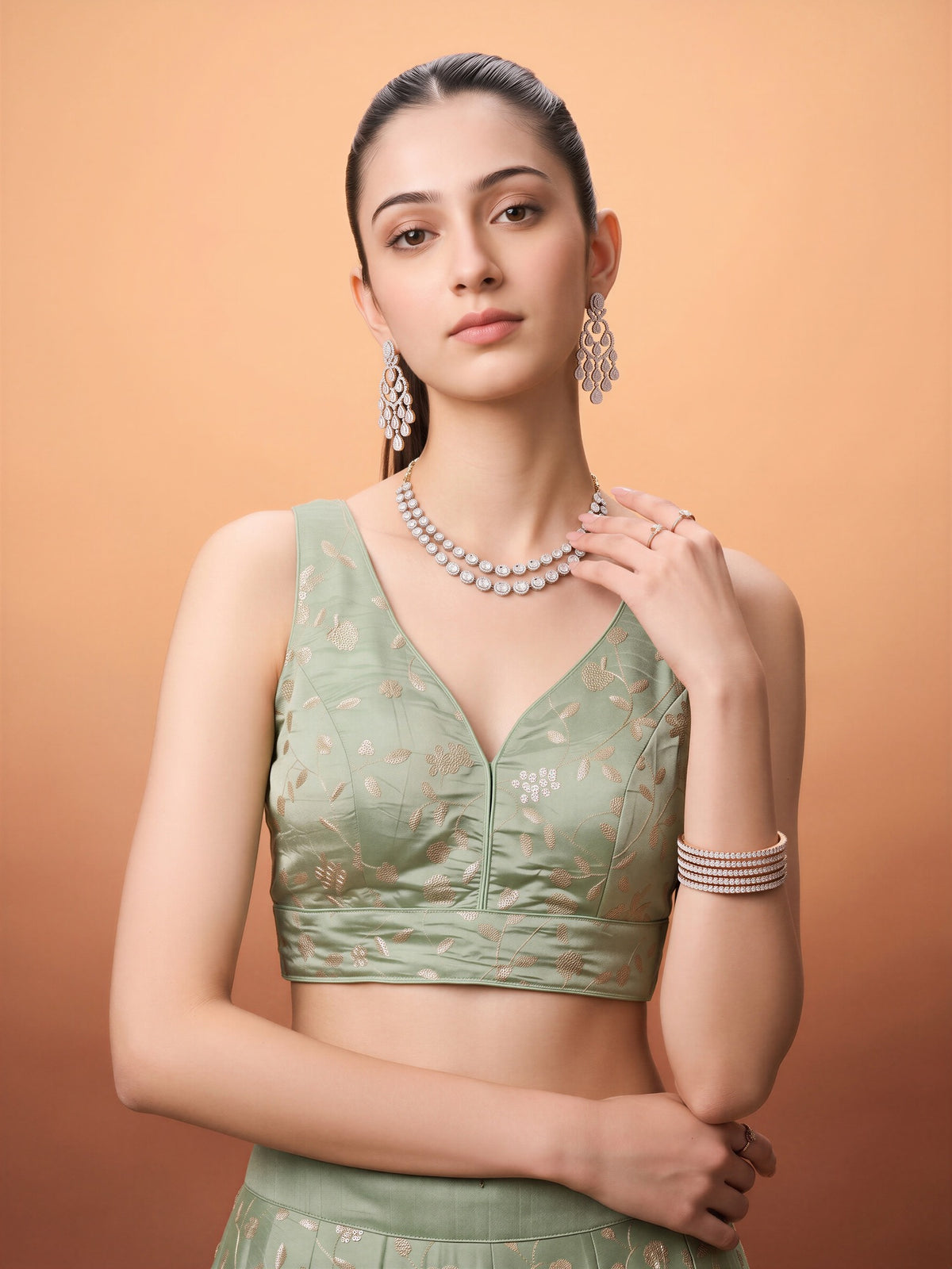 Sea Green sequin embellished silk blend sleeveless readymade saree blouse with v neck view 2