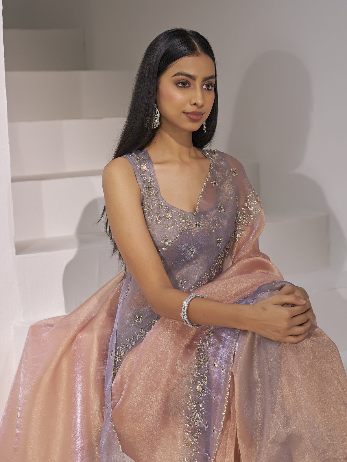 Peach organza saree view 3