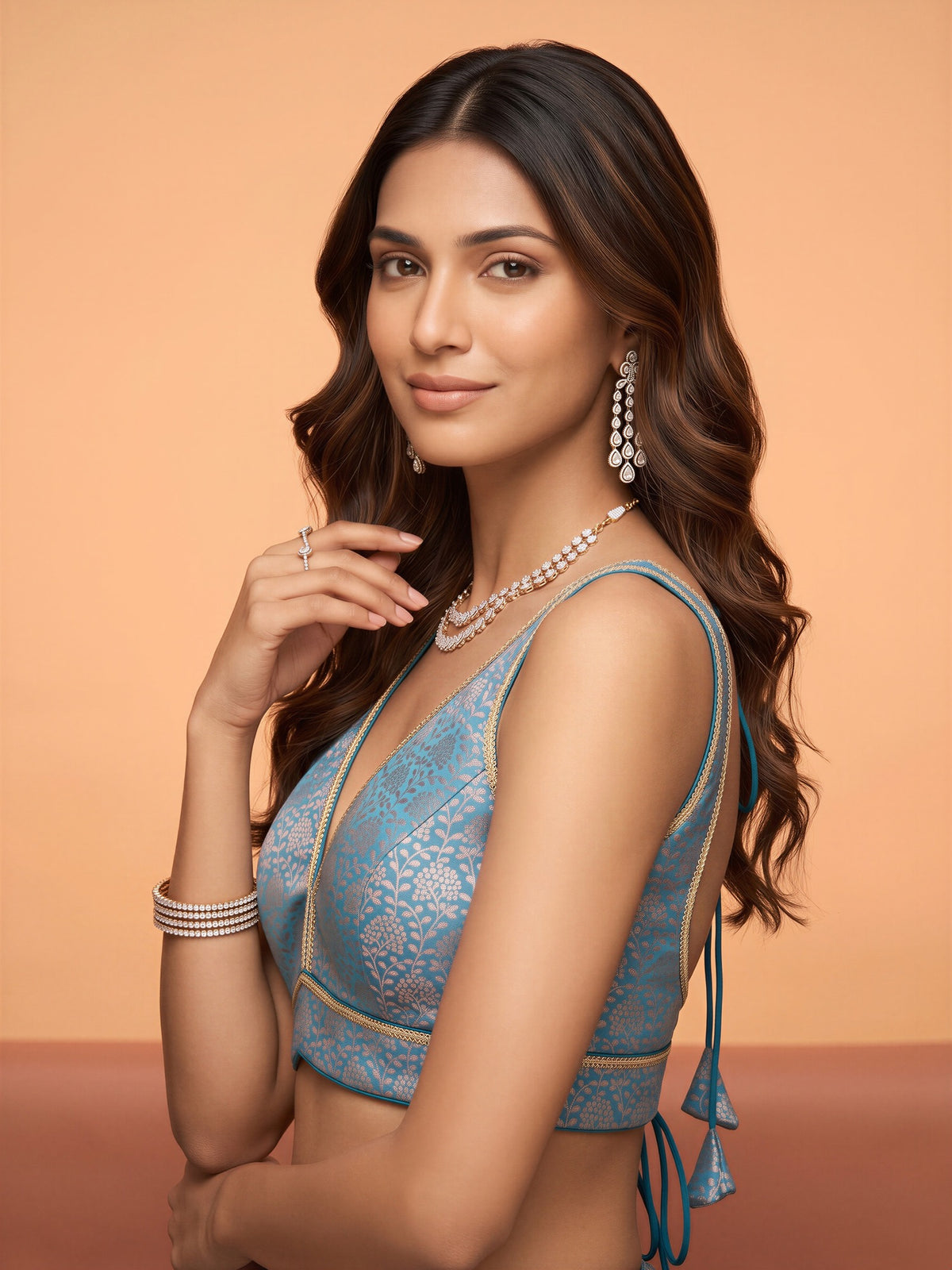 Light Blue woven brocade silk blend sleeveless readymade saree blouse with deep v neck view 2