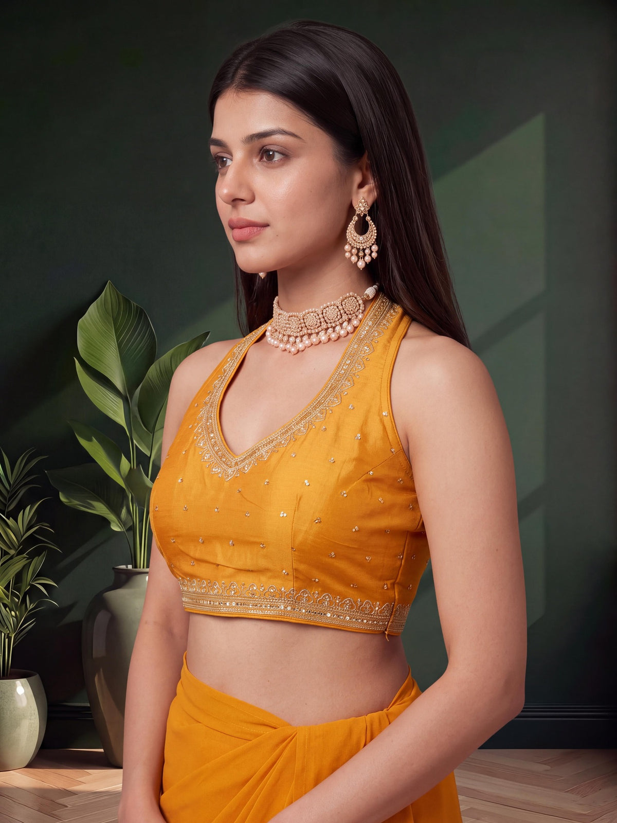 Mustard sequin embellished vichitra silk sleeveless readymade saree blouse with v neck view 3