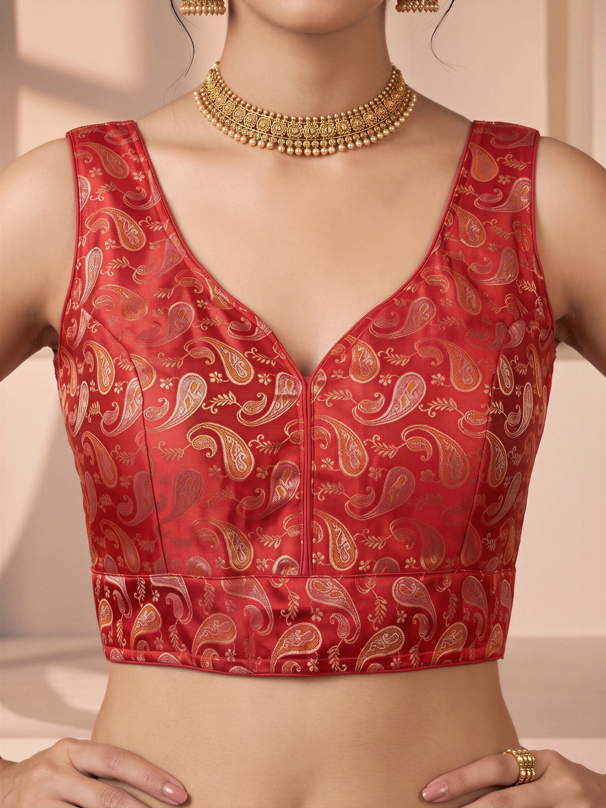 Red woven brocade silk blend sleeveless readymade saree blouse with v neck view 3