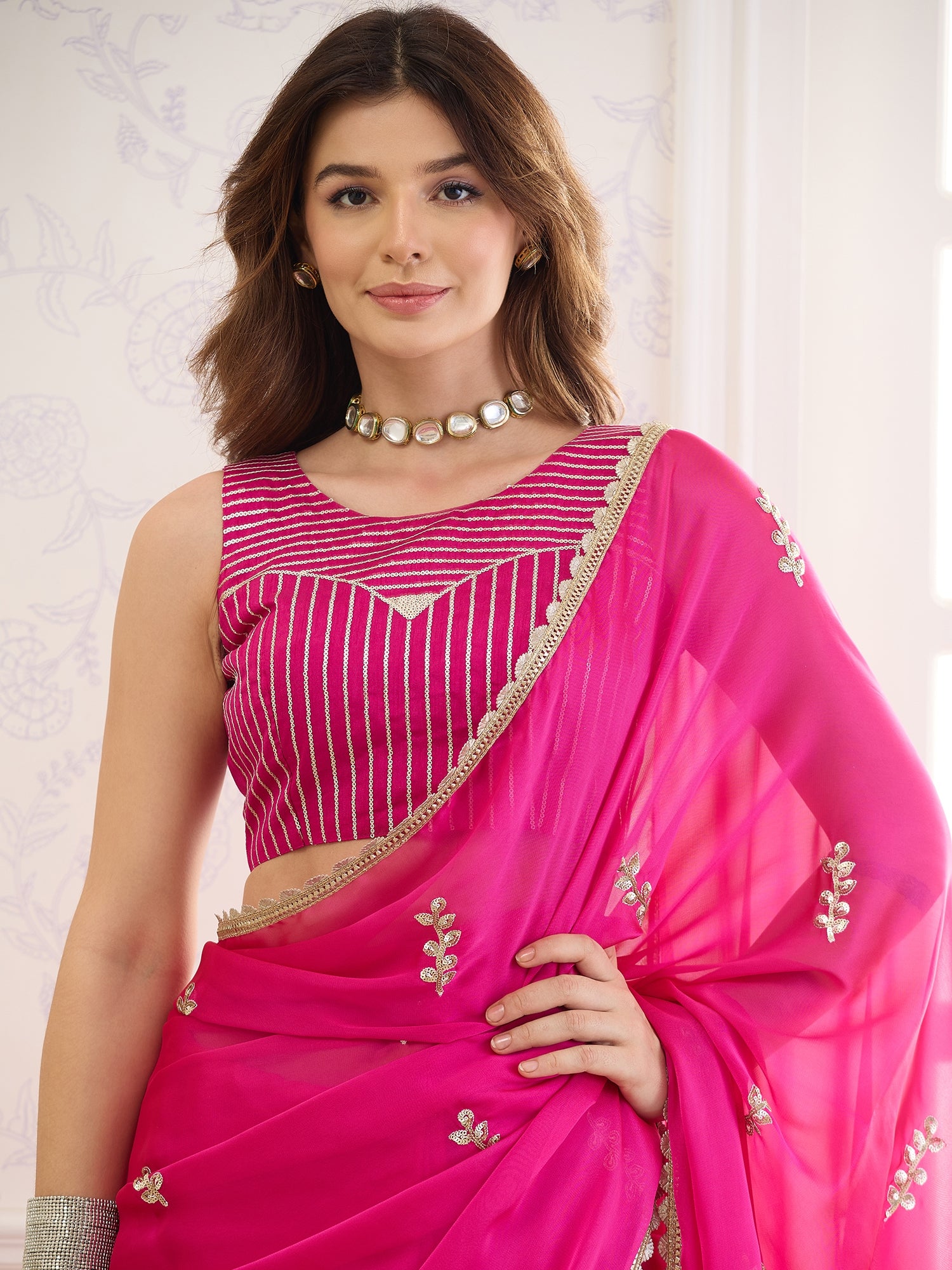 Pink Pure Georgette saree – detail view 4