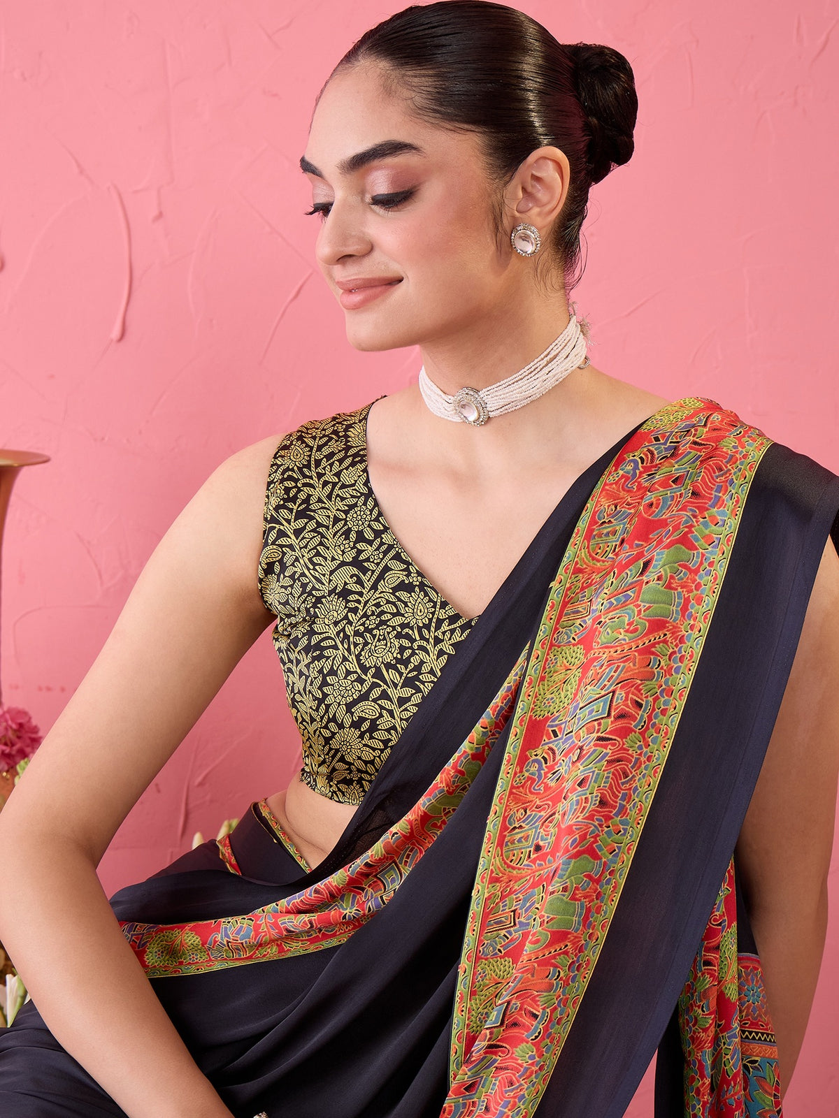 Black Satin saree – detail view 3