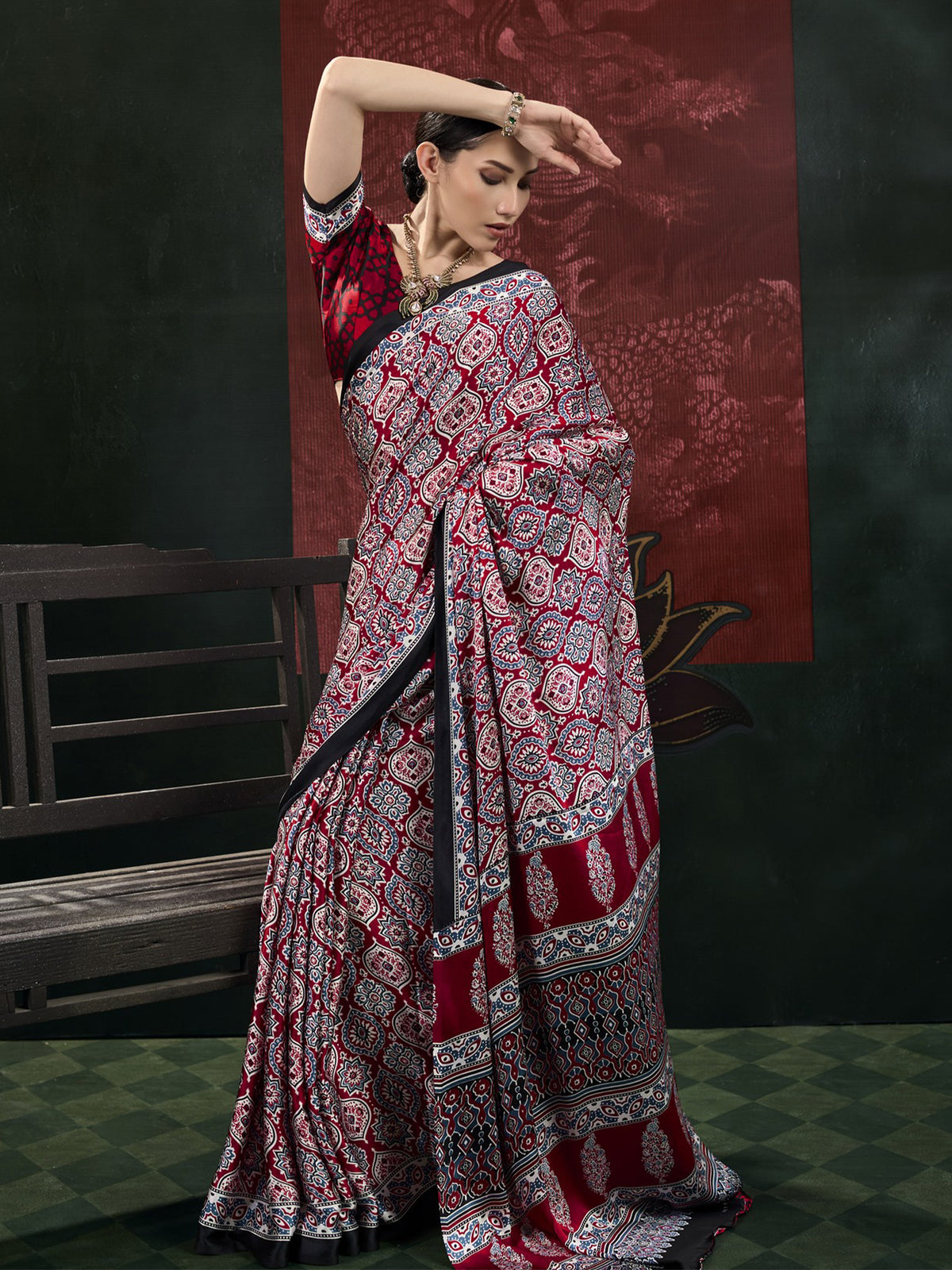 Maroon satin saree view 3
