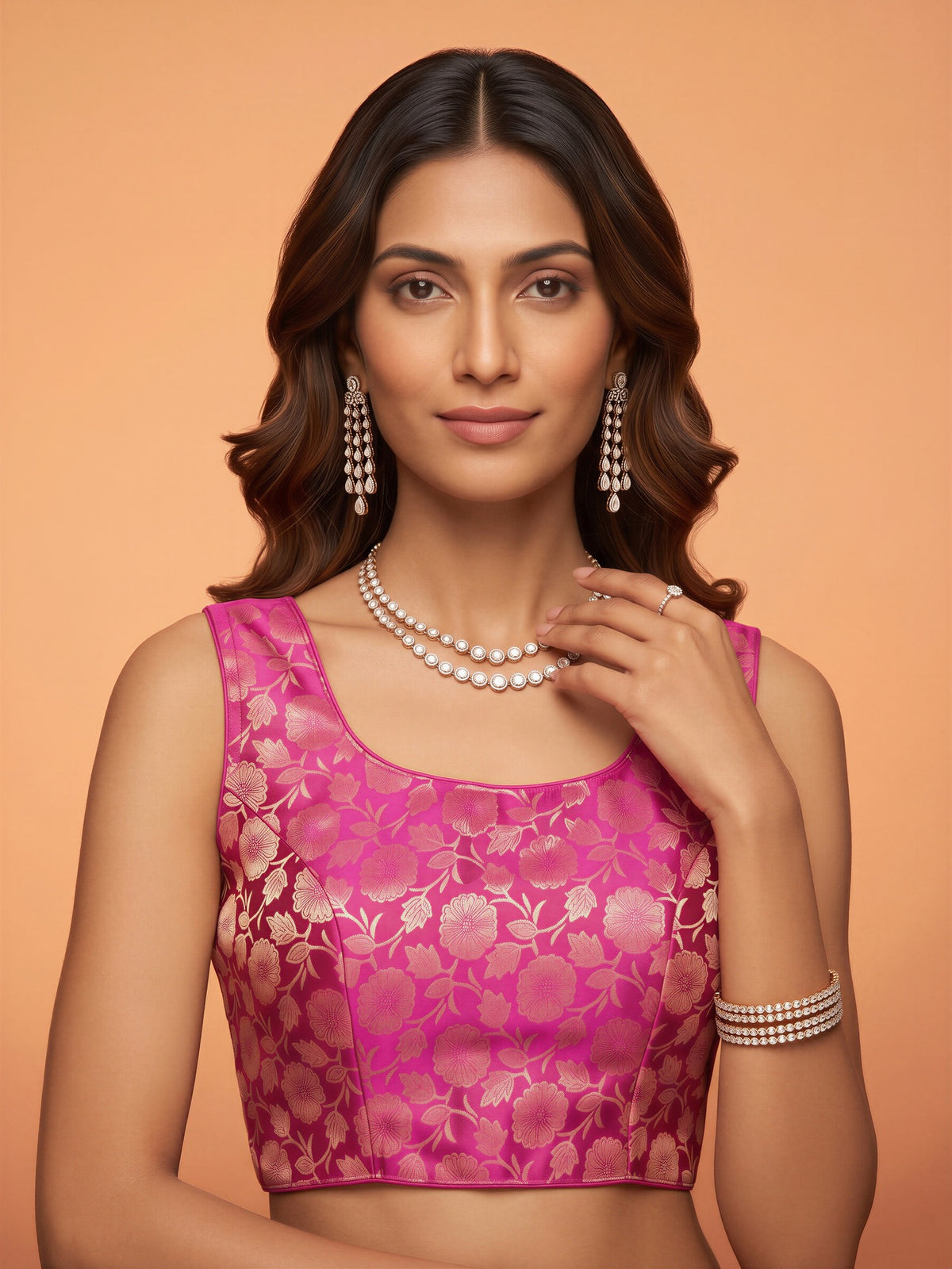 Magenta woven brocade silk blend sleeveless readymade saree blouse with round neck view 3