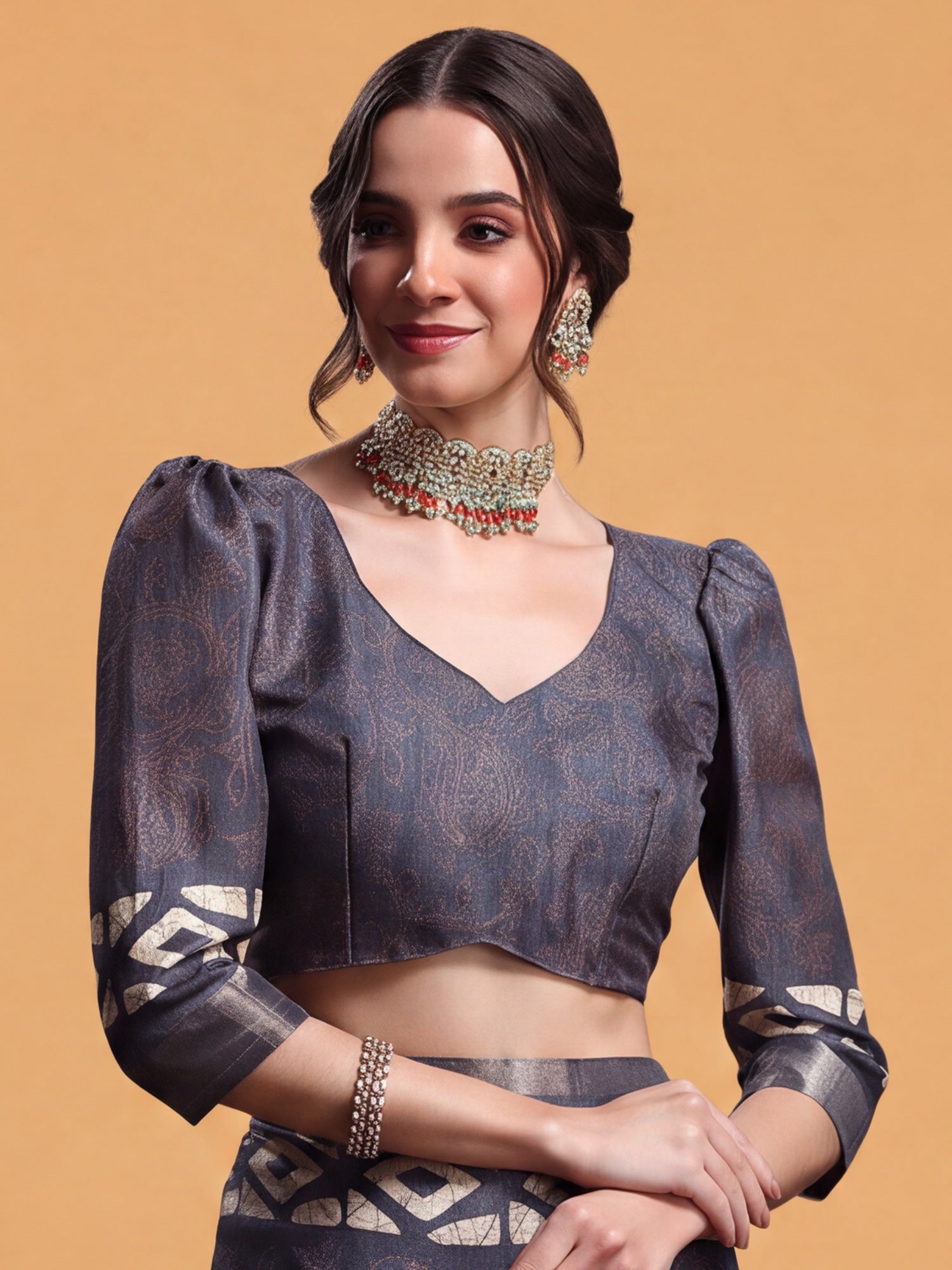 Unstitched grey silk blend blouse piece with block prints design