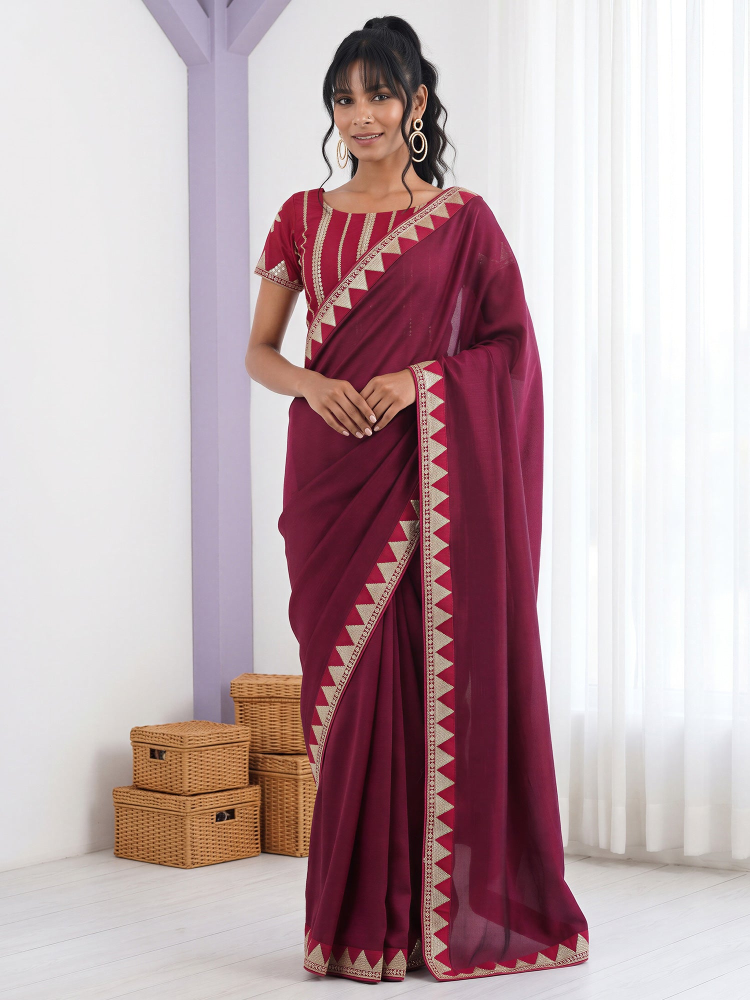 Purple Vichitra Silk saree – detail view 3