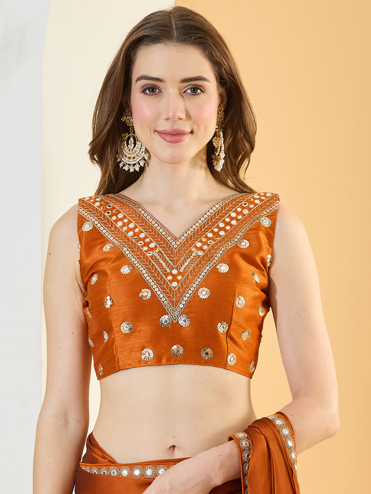 Unstitched rust pure georgette blouse piece with embellished design