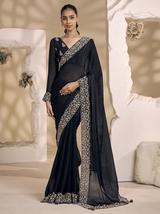 Black solid satin silk saree with black blouse piece