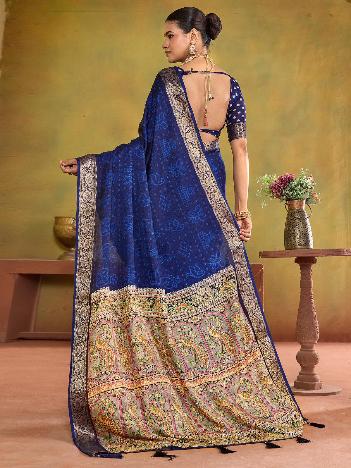 Blue tussar silk saree view 2