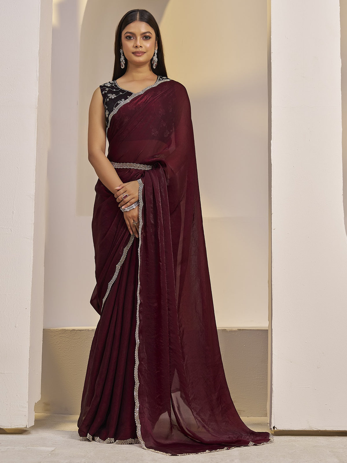 Maroon solid satin silk saree with maroon blouse piece