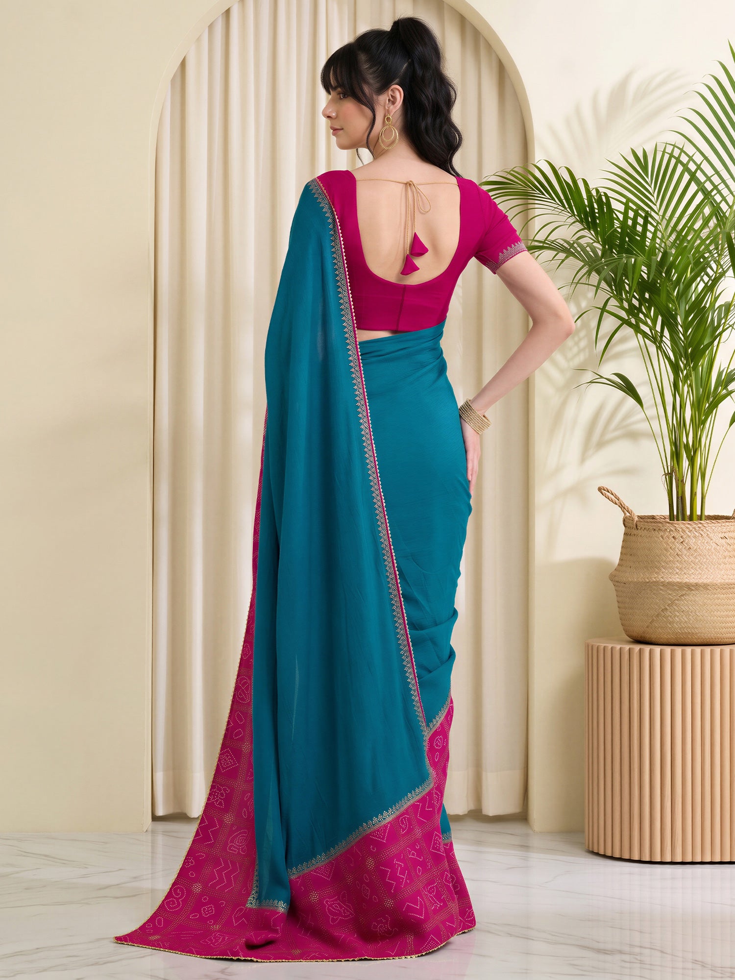 Teal Blue Vichitra Silk saree – detail view 1